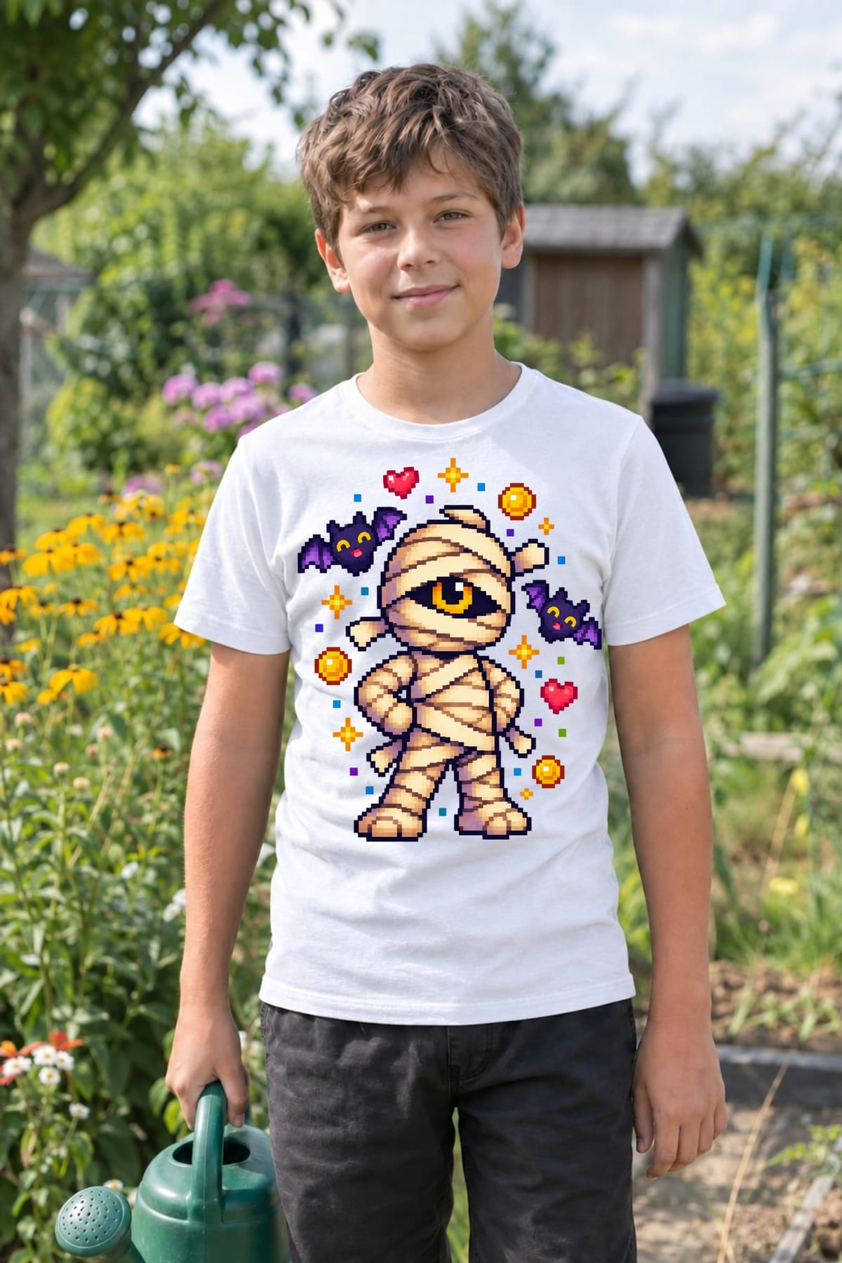 Koszulka z mumią pixel art dla chłopca biała blokowy styl, zdjęcie 5