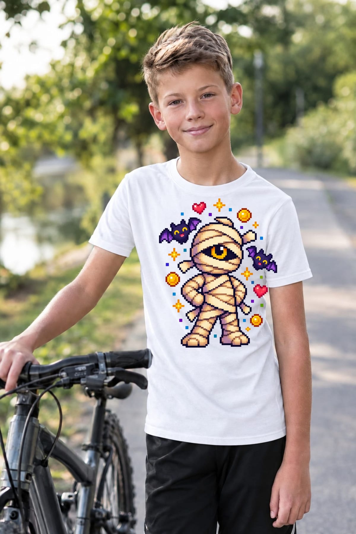 Koszulka z mumią pixel art dla chłopca biała blokowy styl, zdjęcie 6