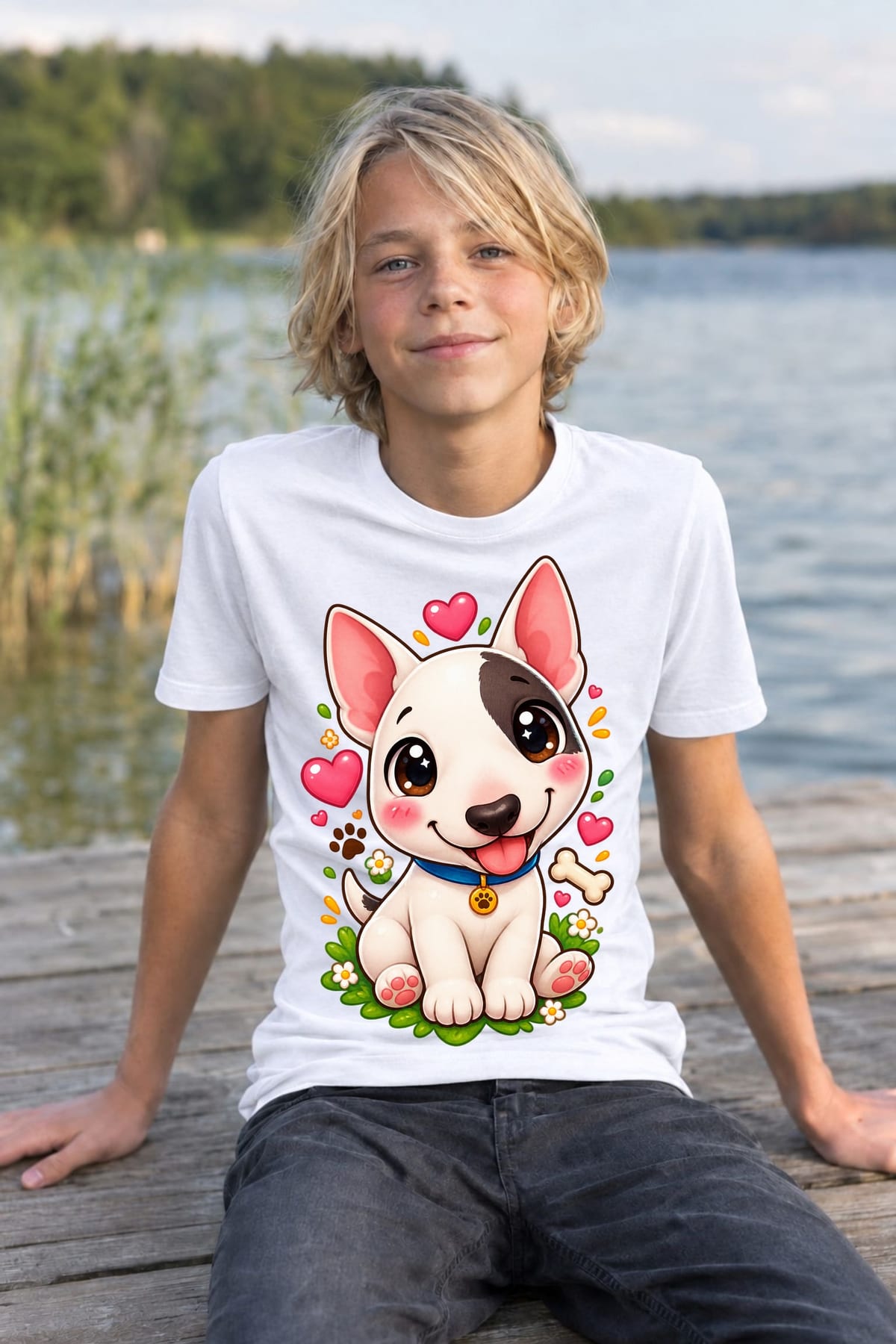Koszulka dziecięca z bulterierem dla chłopca biała słodki kawaii, zdjęcie 5
