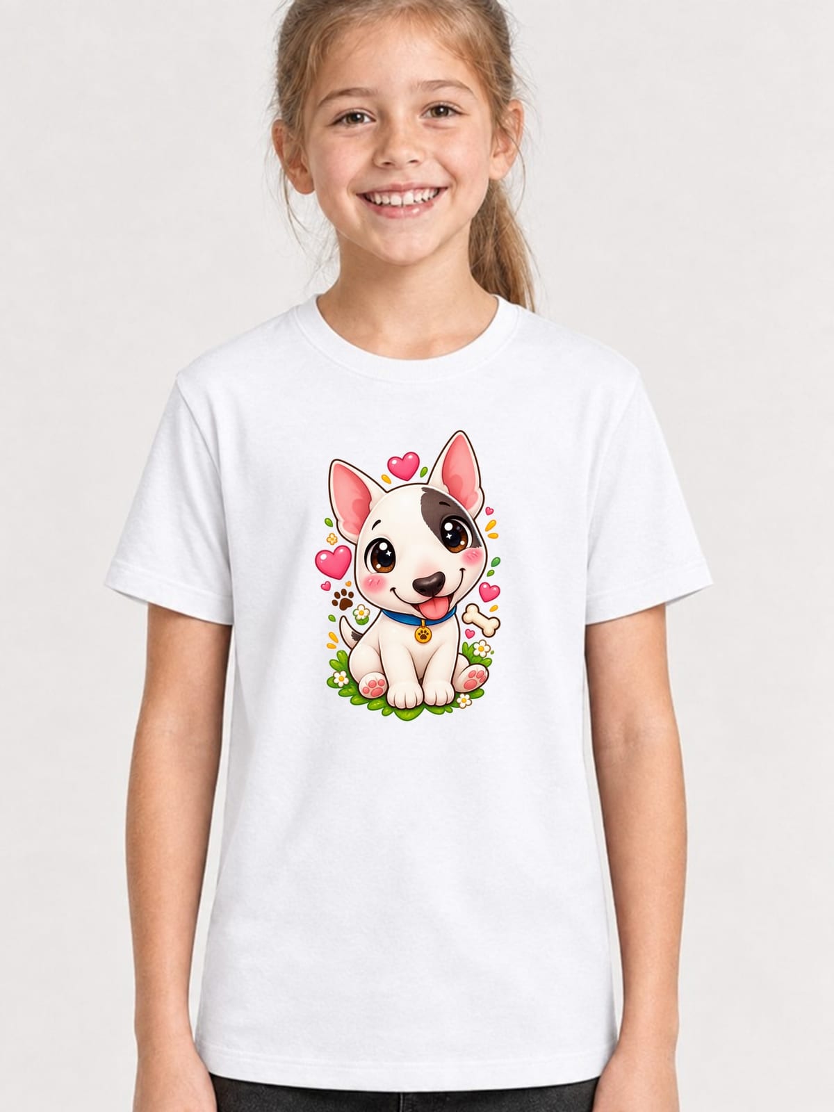 Koszulka dziecięca z bulterierem dla dziewczynki biała kawaii, zdjęcie 1