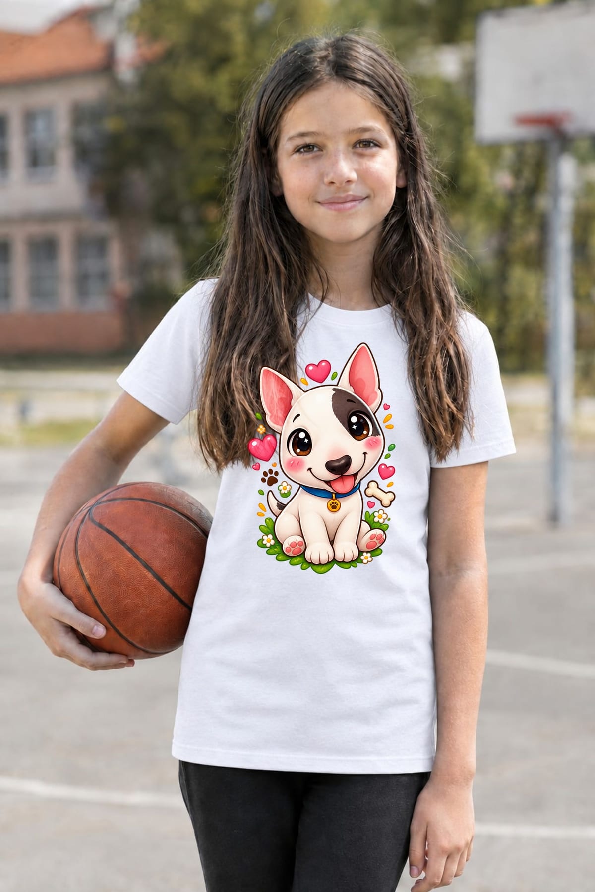 Koszulka dziecięca z bulterierem dla dziewczynki biała kawaii, zdjęcie 3