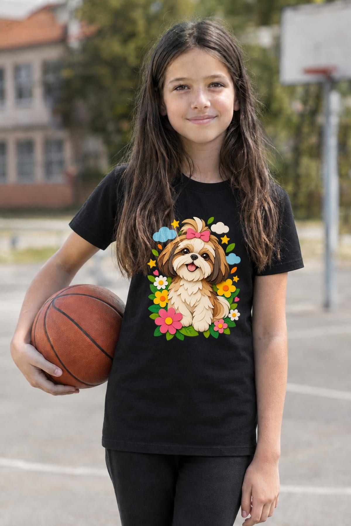 Koszulka dla dziewczynki z shih tzu czarna papierowa wycinanka, zdjęcie 6