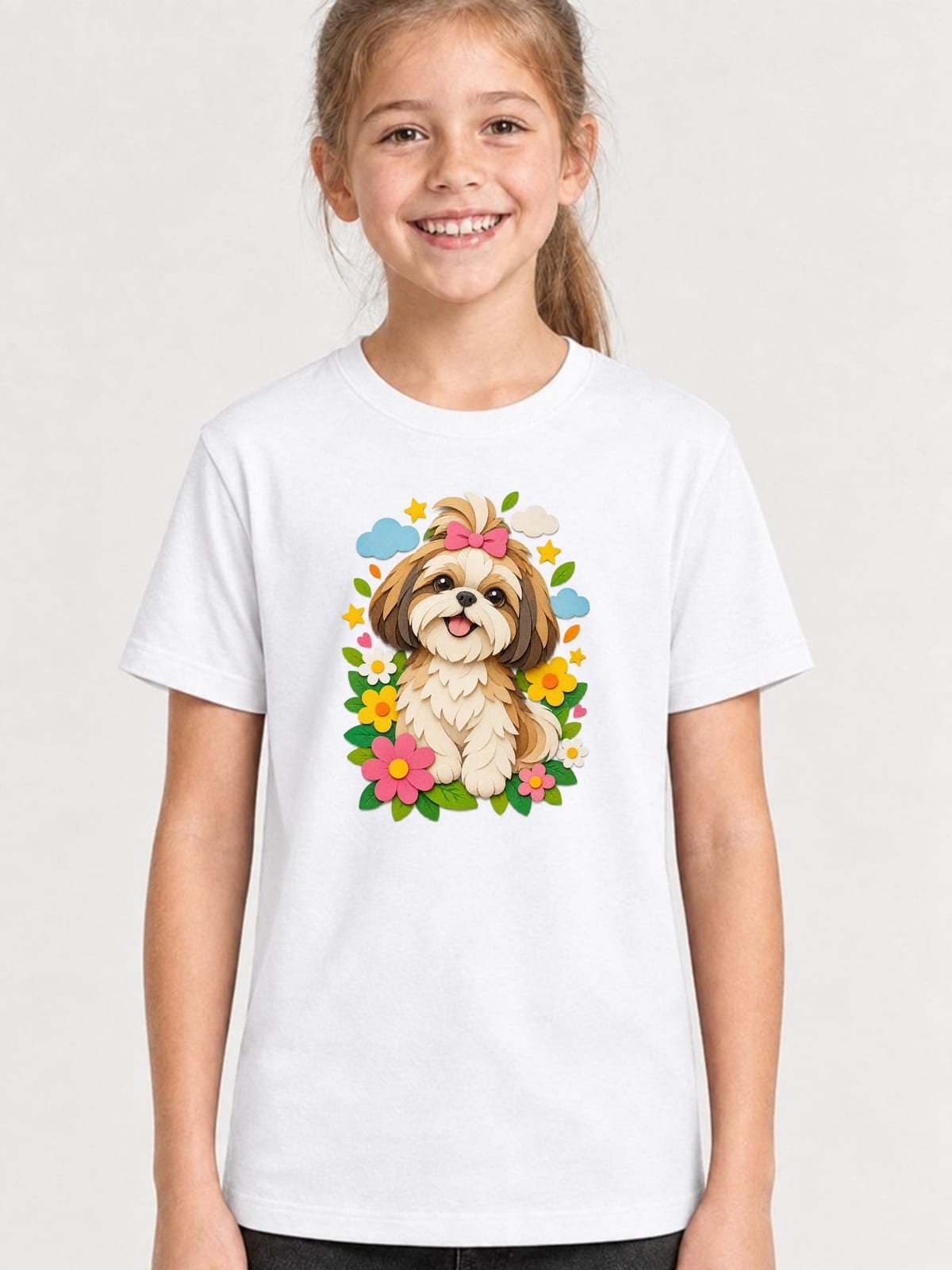 Koszulka dla dziewczynki z shih tzu biała papierowa wycinanka, zdjęcie 1