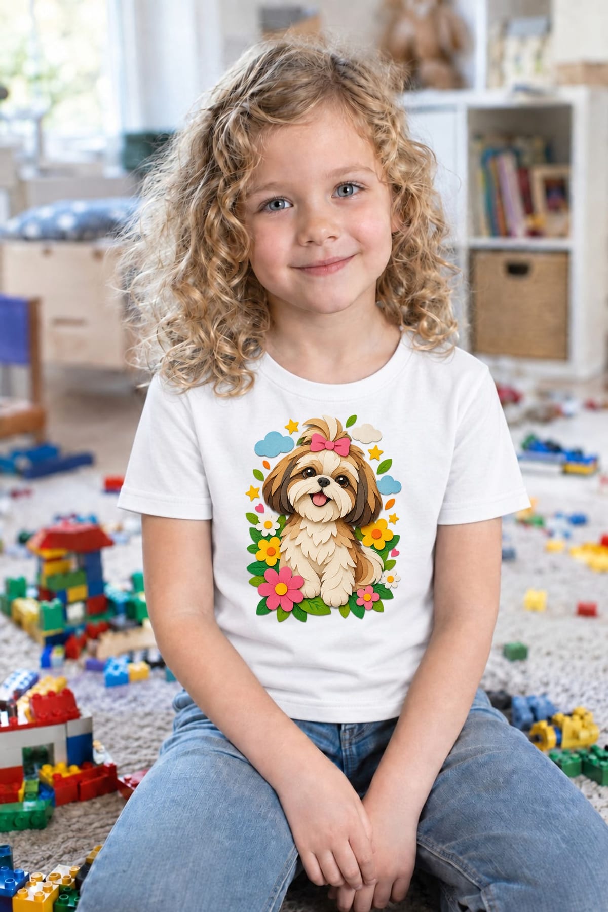Koszulka dla dziewczynki z shih tzu biała papierowa wycinanka, zdjęcie 7