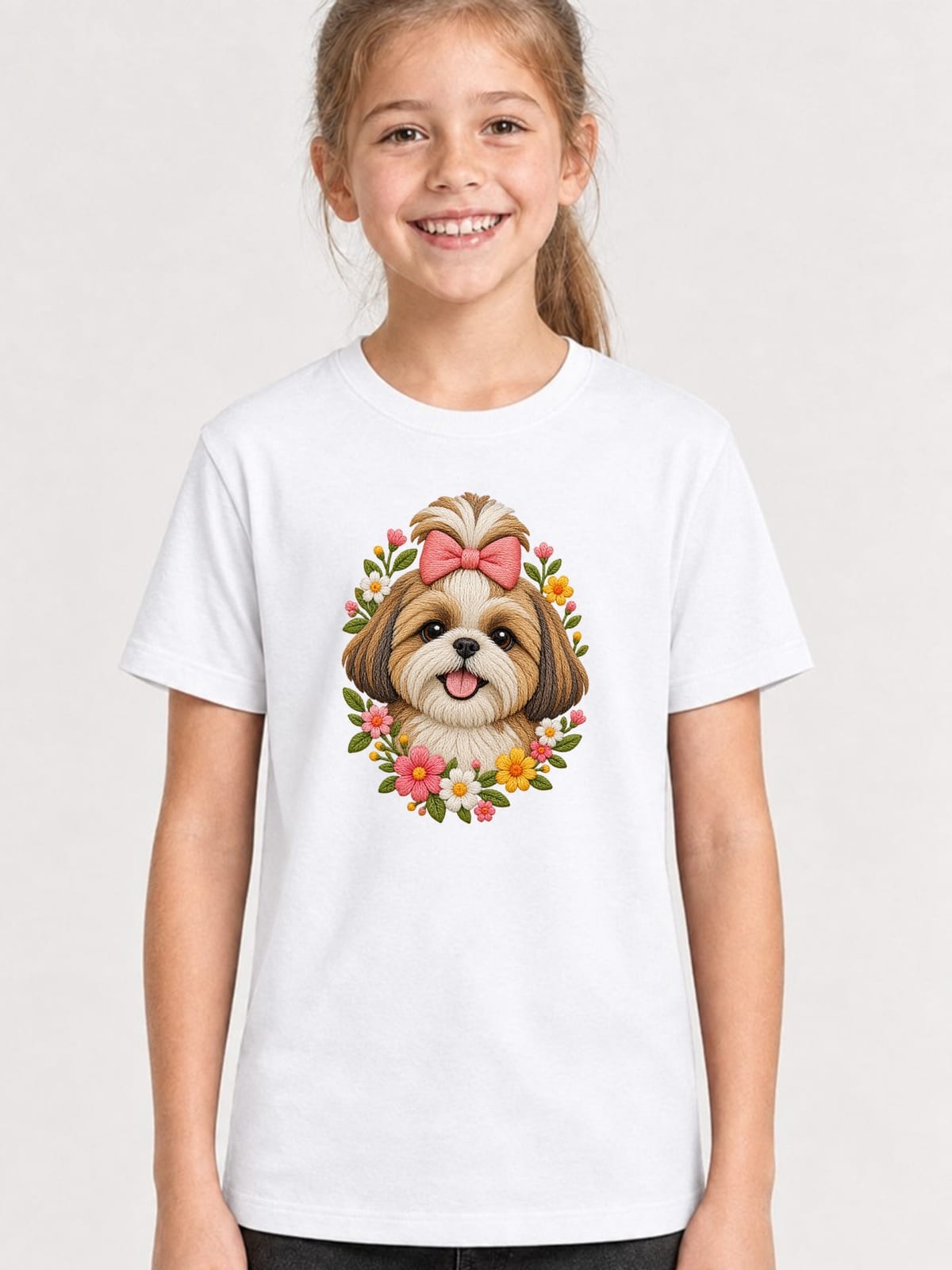 Koszulka z shih tzu dla dziewczynki biała wygląd jak haft, zdjęcie 1