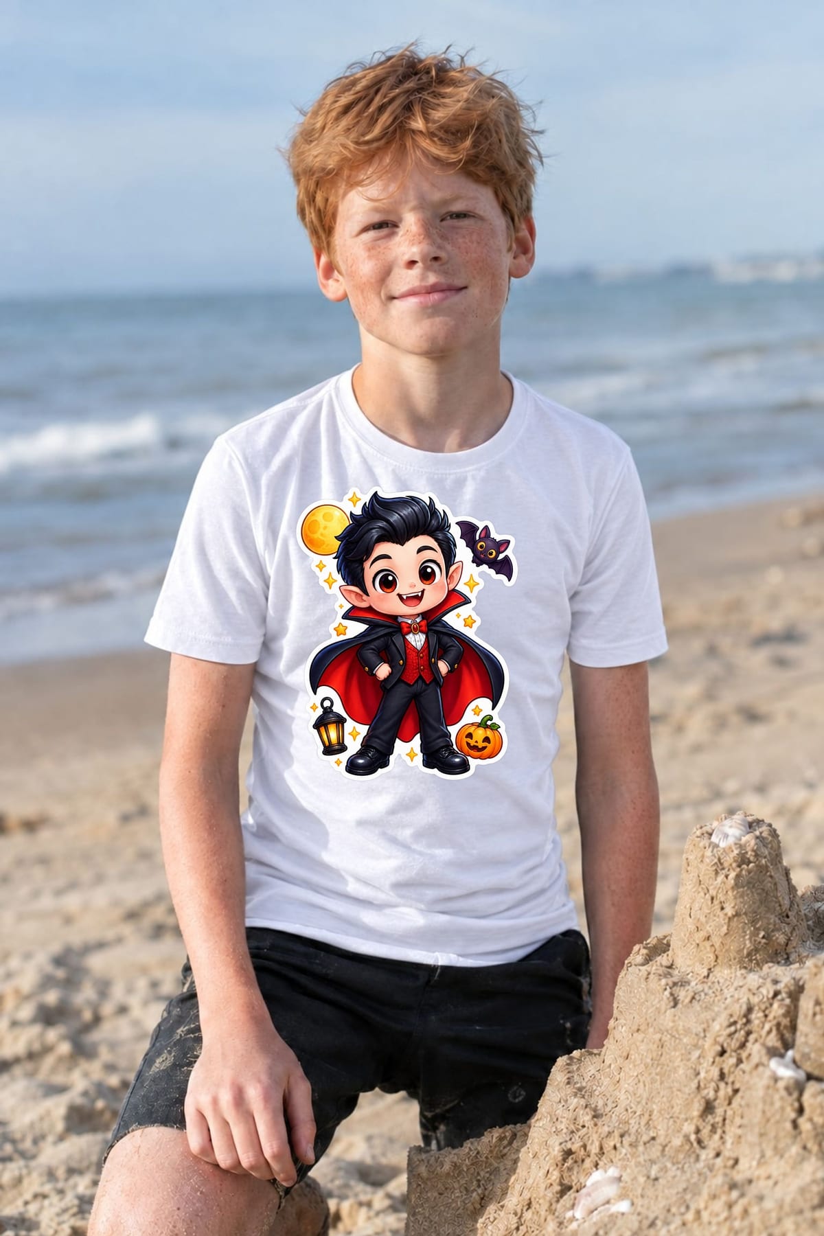 Koszulka z wampirkiem dla chłopca biała styl naklejki, zdjęcie 6