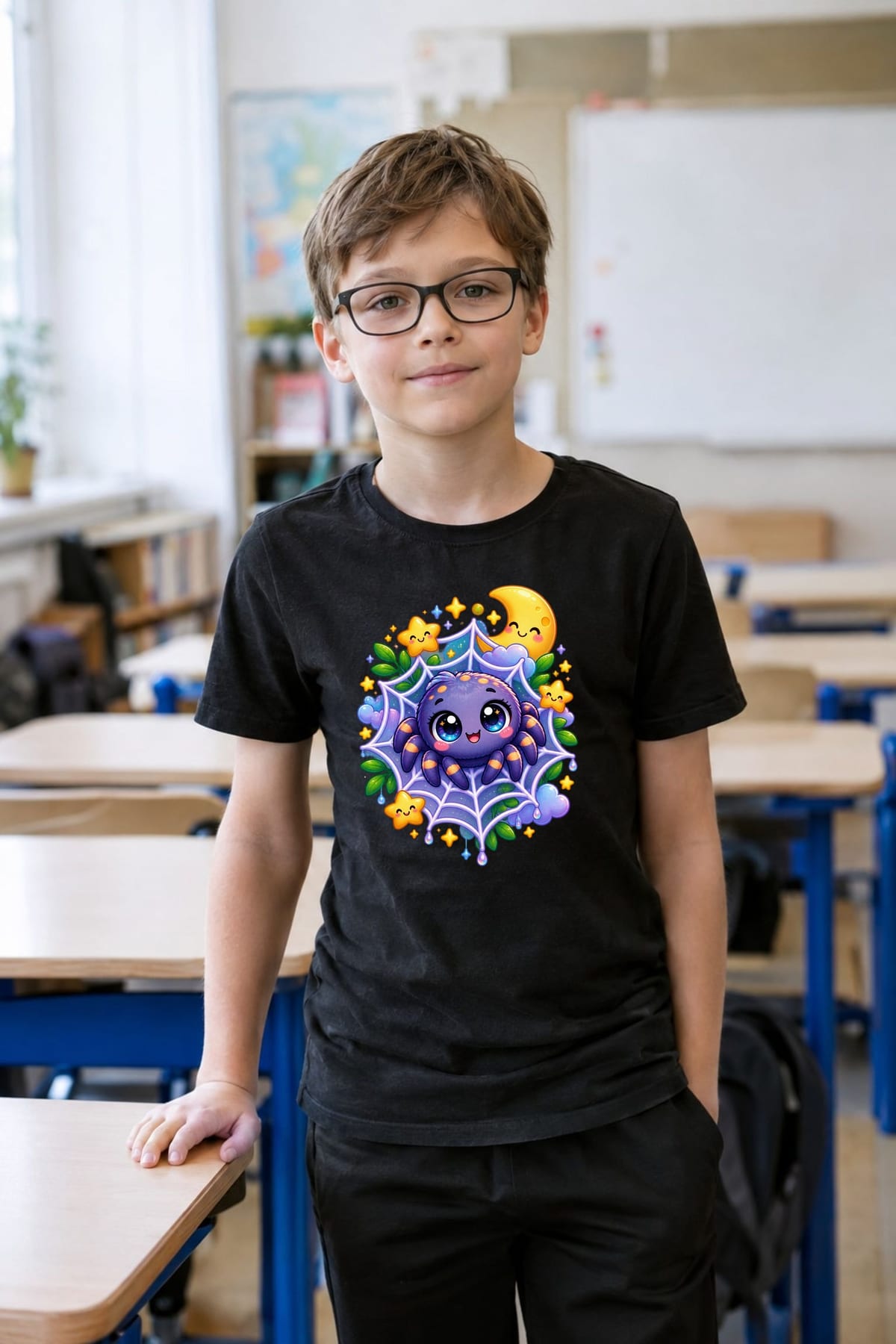 Koszulka z pajączkiem dla chłopca czarna słodki styl kawaii, zdjęcie 6
