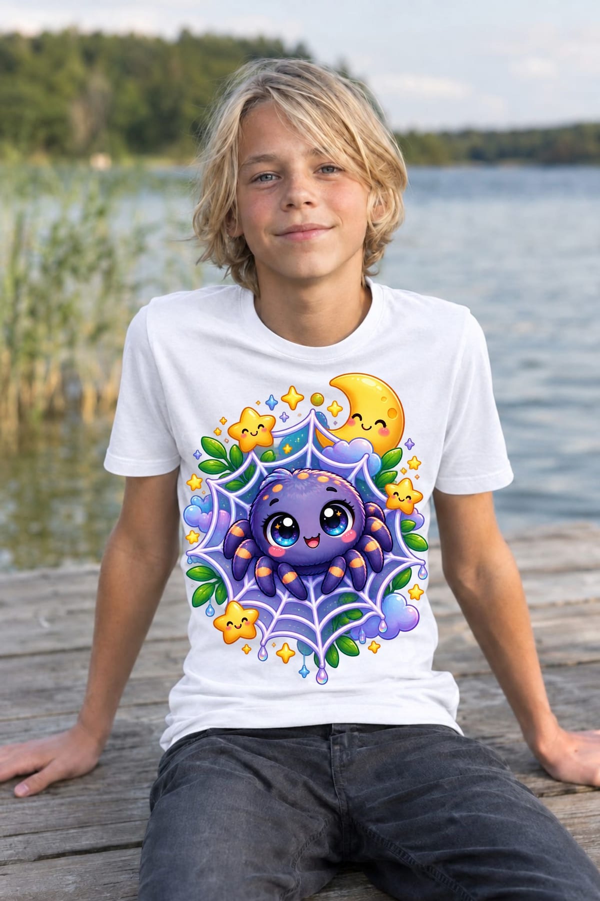 Koszulka z pajączkiem dla chłopca biała słodki styl kawaii, zdjęcie 5