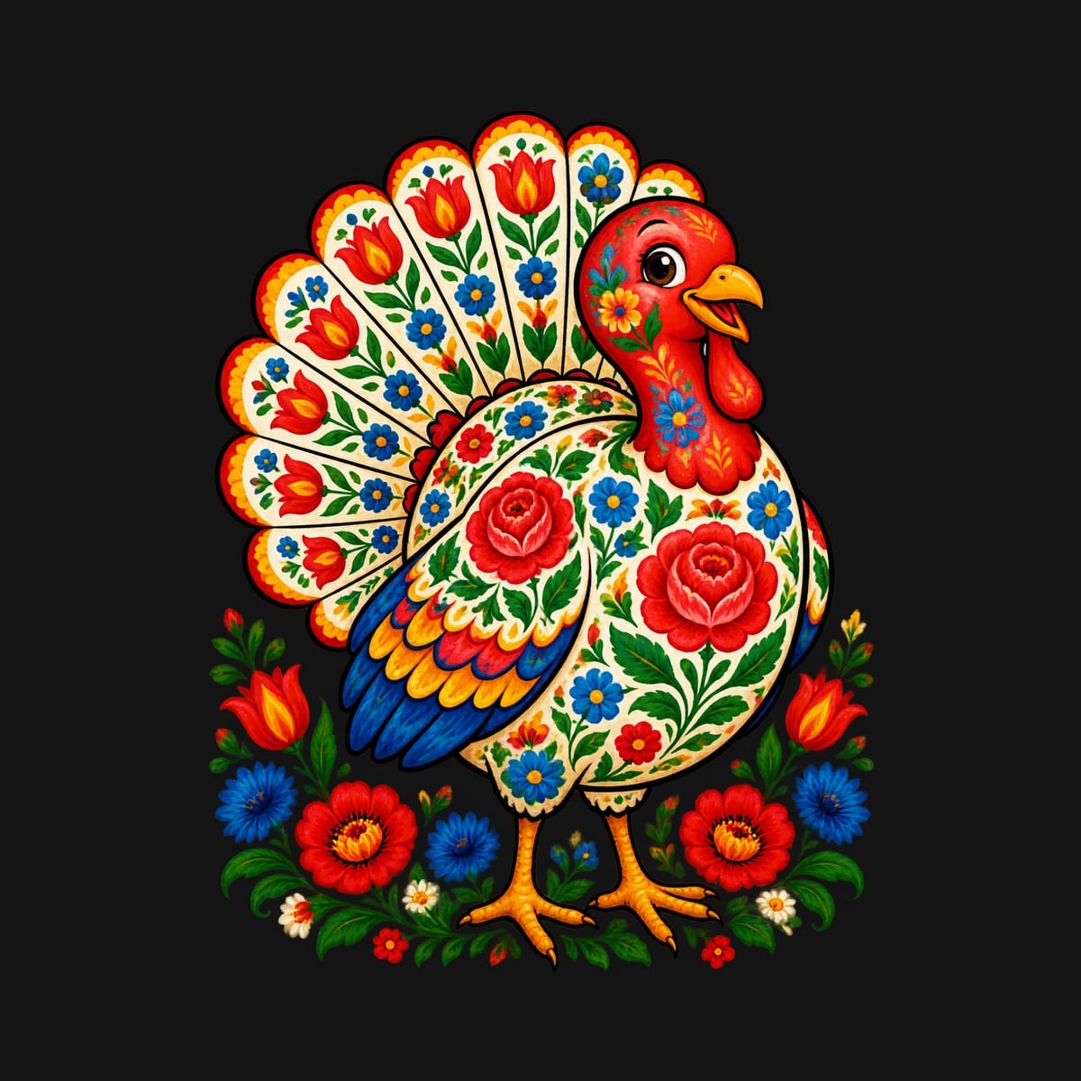 Koszulka dziecięca z indykiem dla dziewczynki czarna ludowe kwiaty, zdjęcie 2