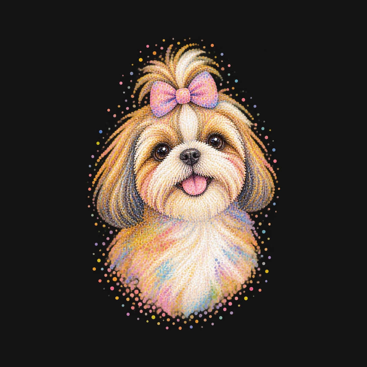 Koszulka dziecięca z shih tzu dla dziewczynki czarna z kolorowych kropek, zdjęcie 2