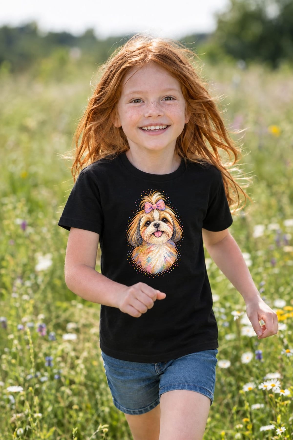Koszulka dziecięca z shih tzu dla dziewczynki czarna z kolorowych kropek, zdjęcie 8