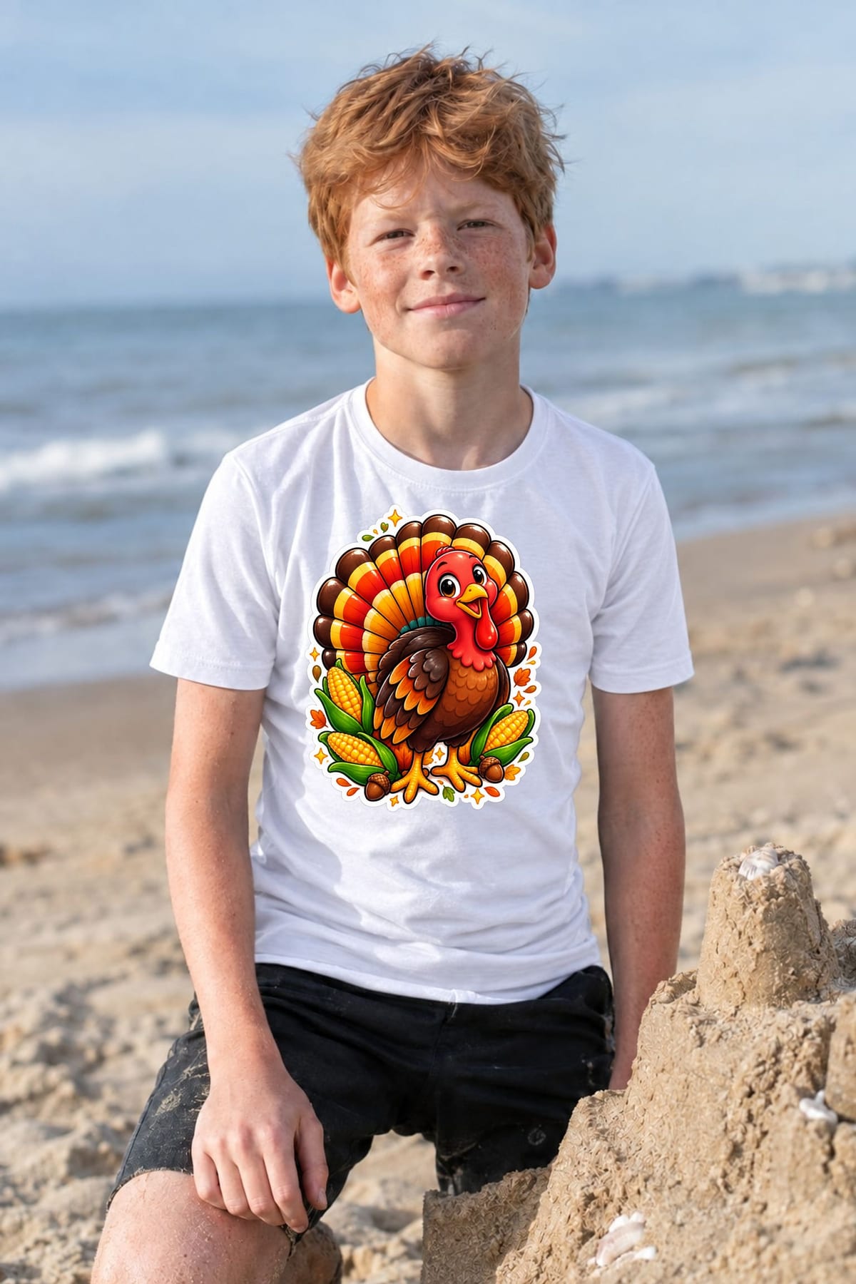 Koszulka z indykiem dla chłopca biała styl błyszczącej naklejki, zdjęcie 7