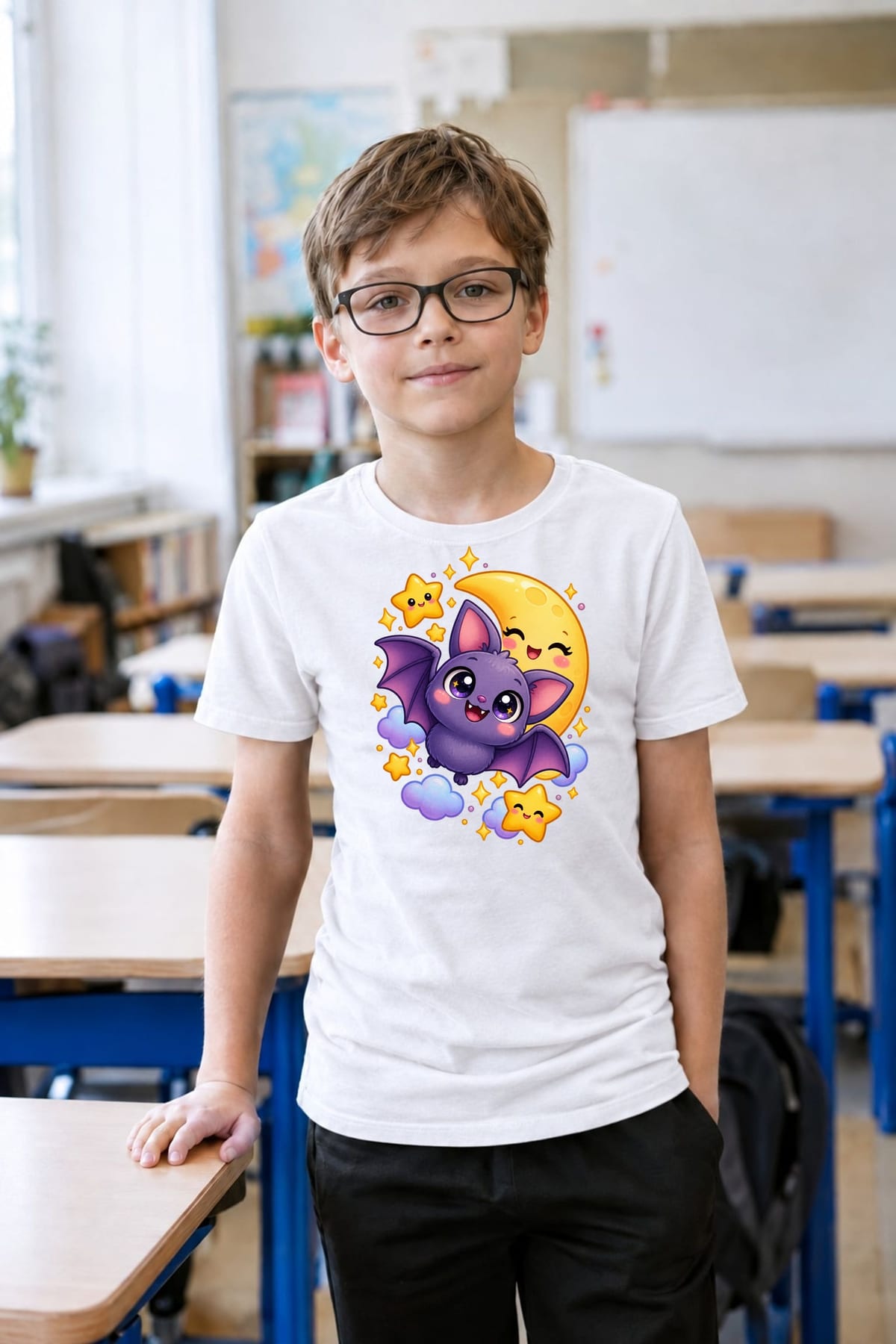Koszulka z nietoperzem dla chłopca biała słodki kawaii, zdjęcie 4