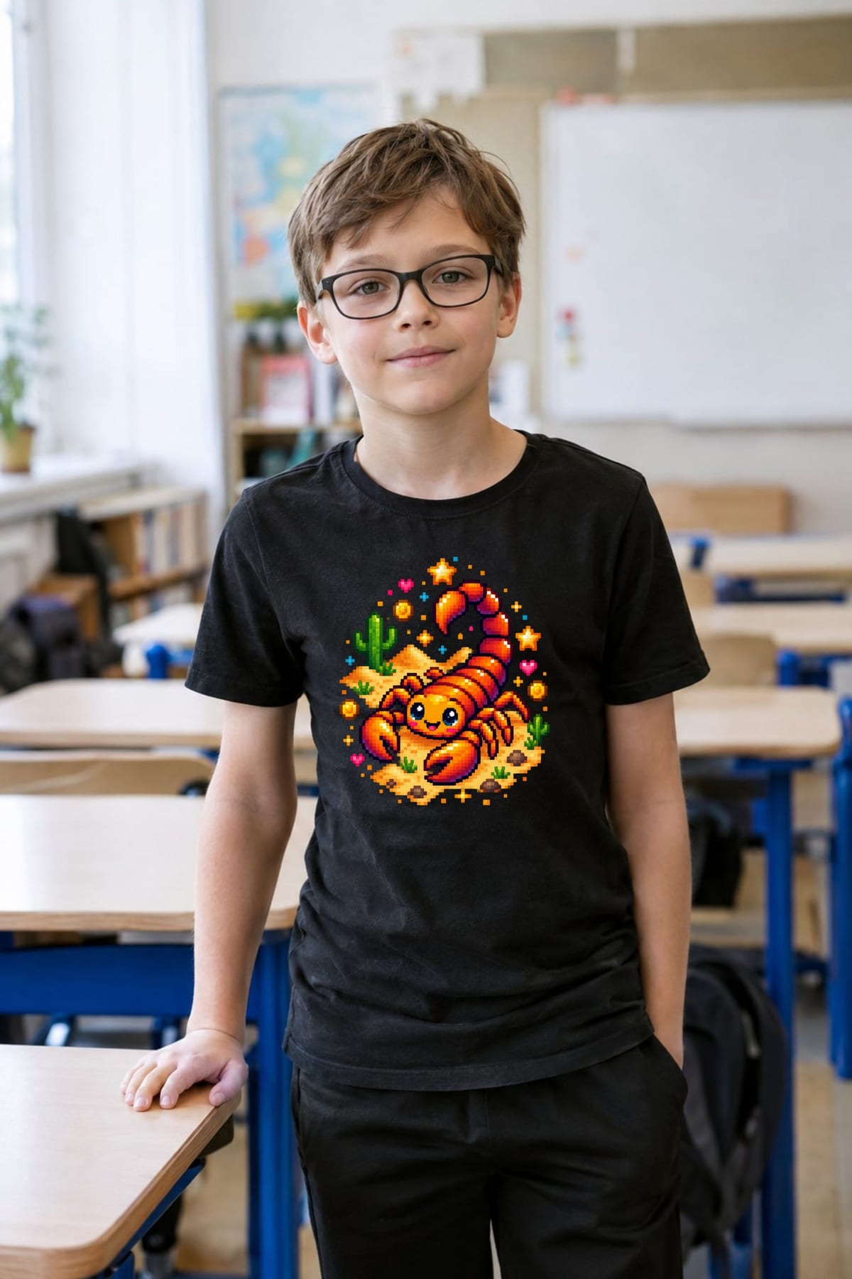 Koszulka ze skorpionem dla chłopca czarna styl pixel art, zdjęcie 4