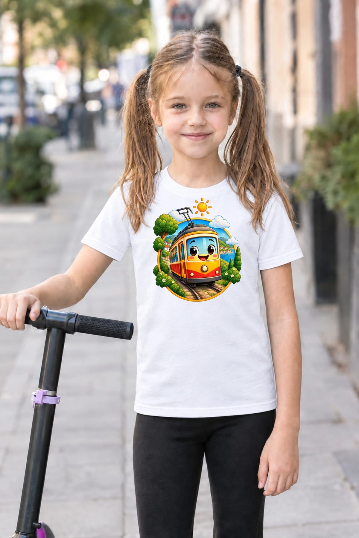 Koszulka z tramwajem dla dziewczynki biała okrągła odznaka, zdjęcie 4