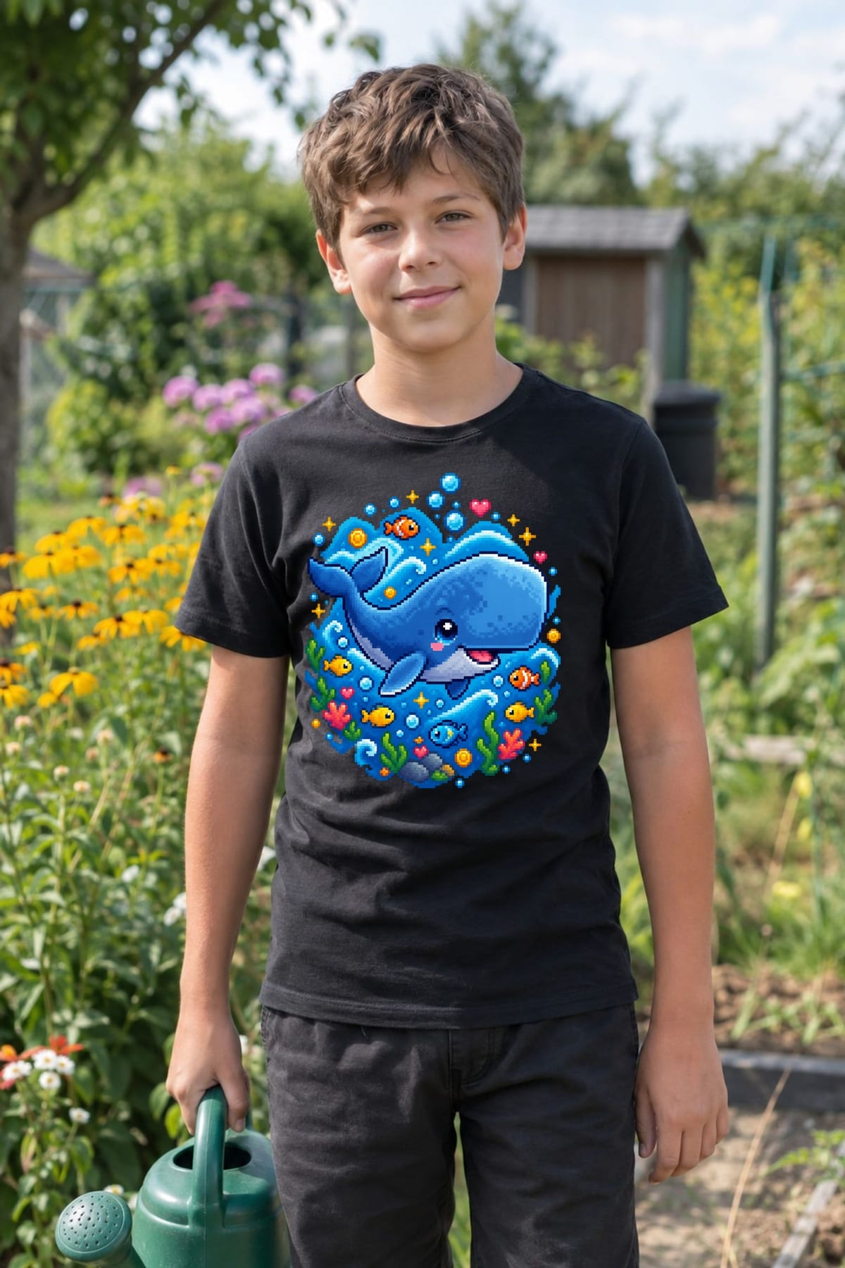 Koszulka z kaszalotem dla chłopca czarna pixel art, zdjęcie 5