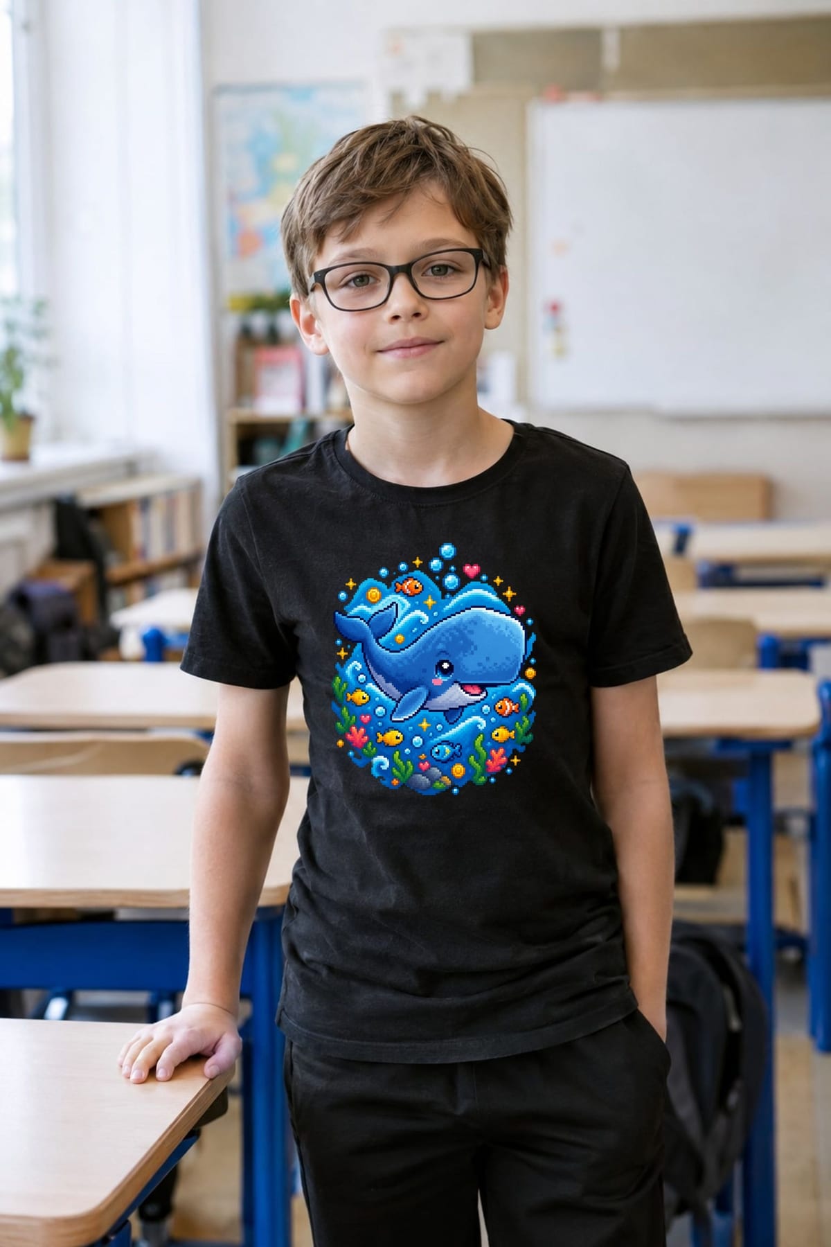 Koszulka z kaszalotem dla chłopca czarna pixel art, zdjęcie 8