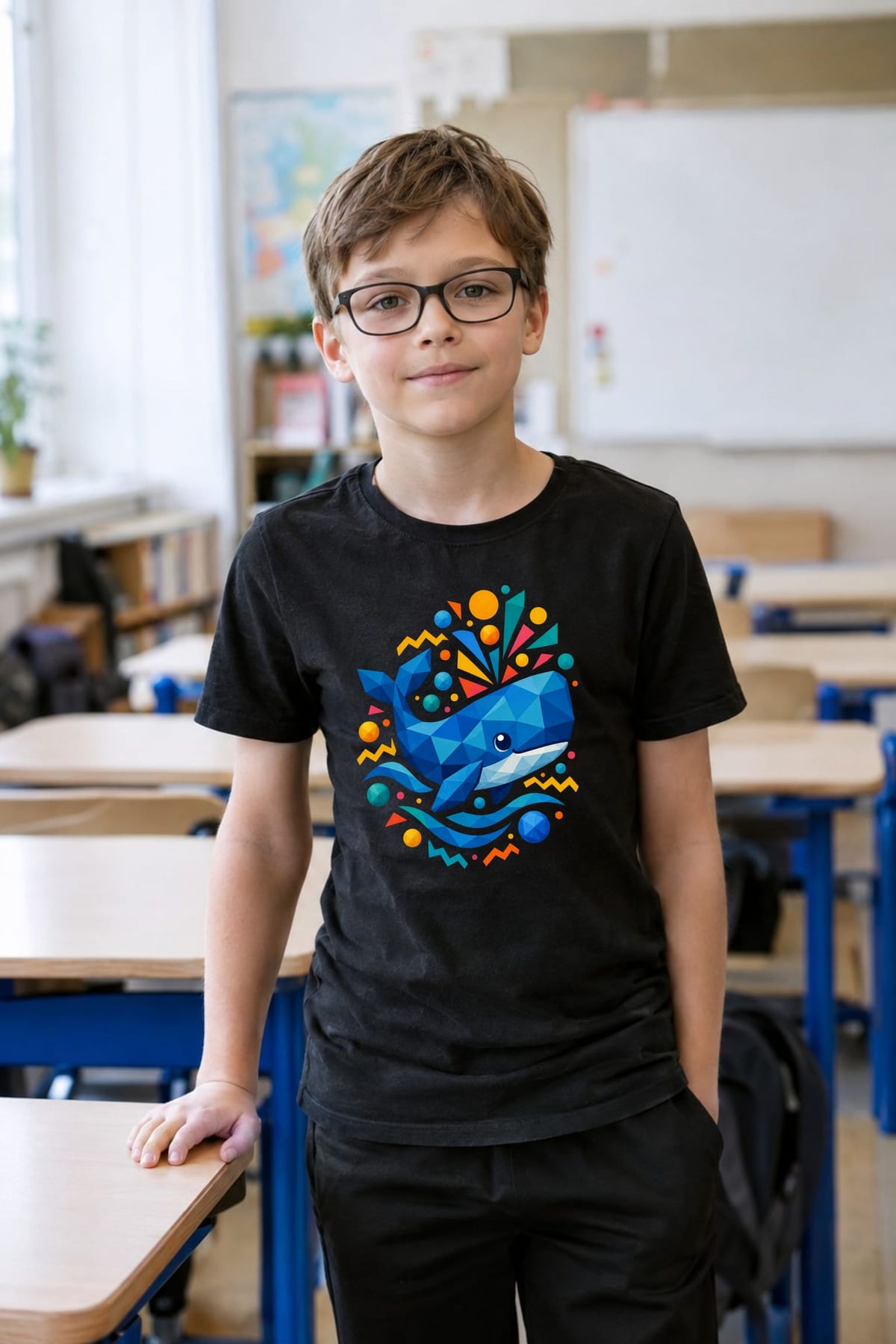 Koszulka z kaszalotem dla chłopca czarna geometryczne kształty, zdjęcie 8