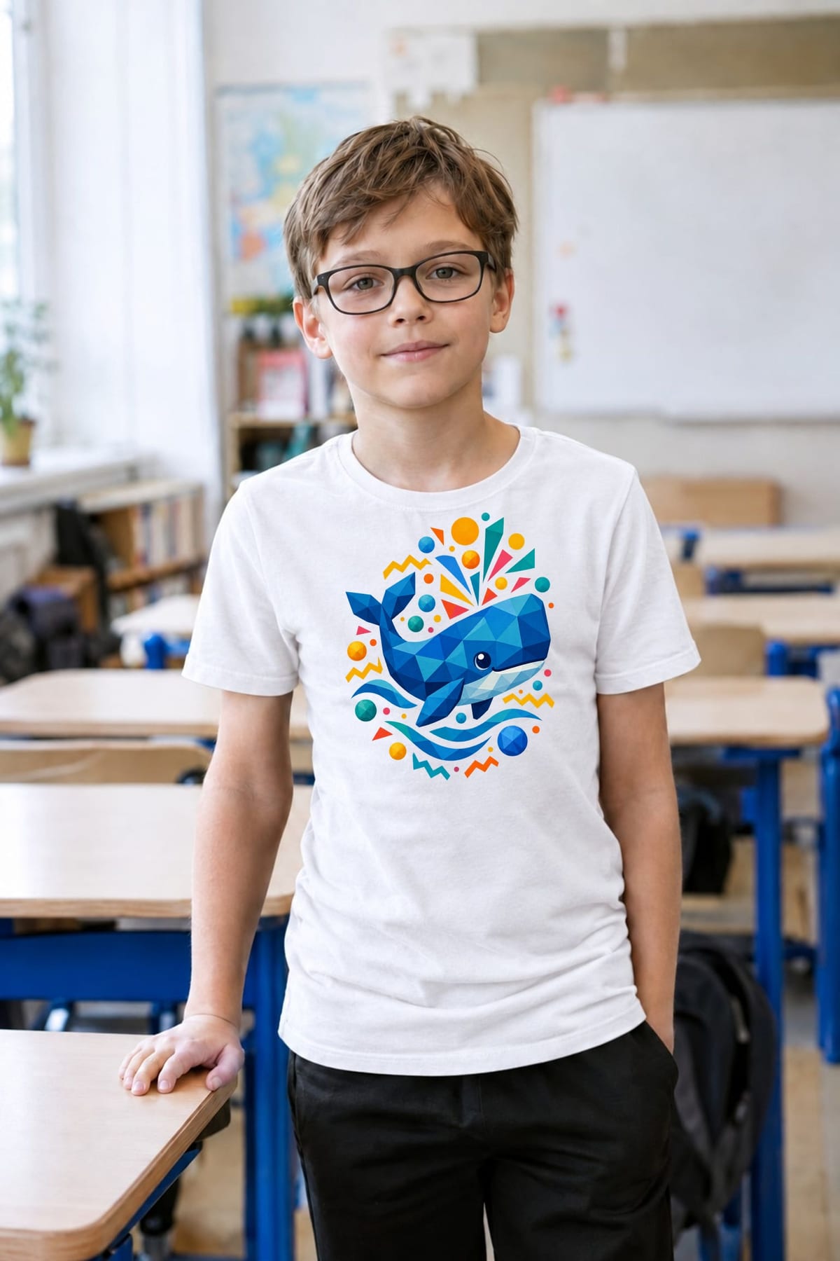 Koszulka z kaszalotem dla chłopca biała geometryczne kształty, zdjęcie 8