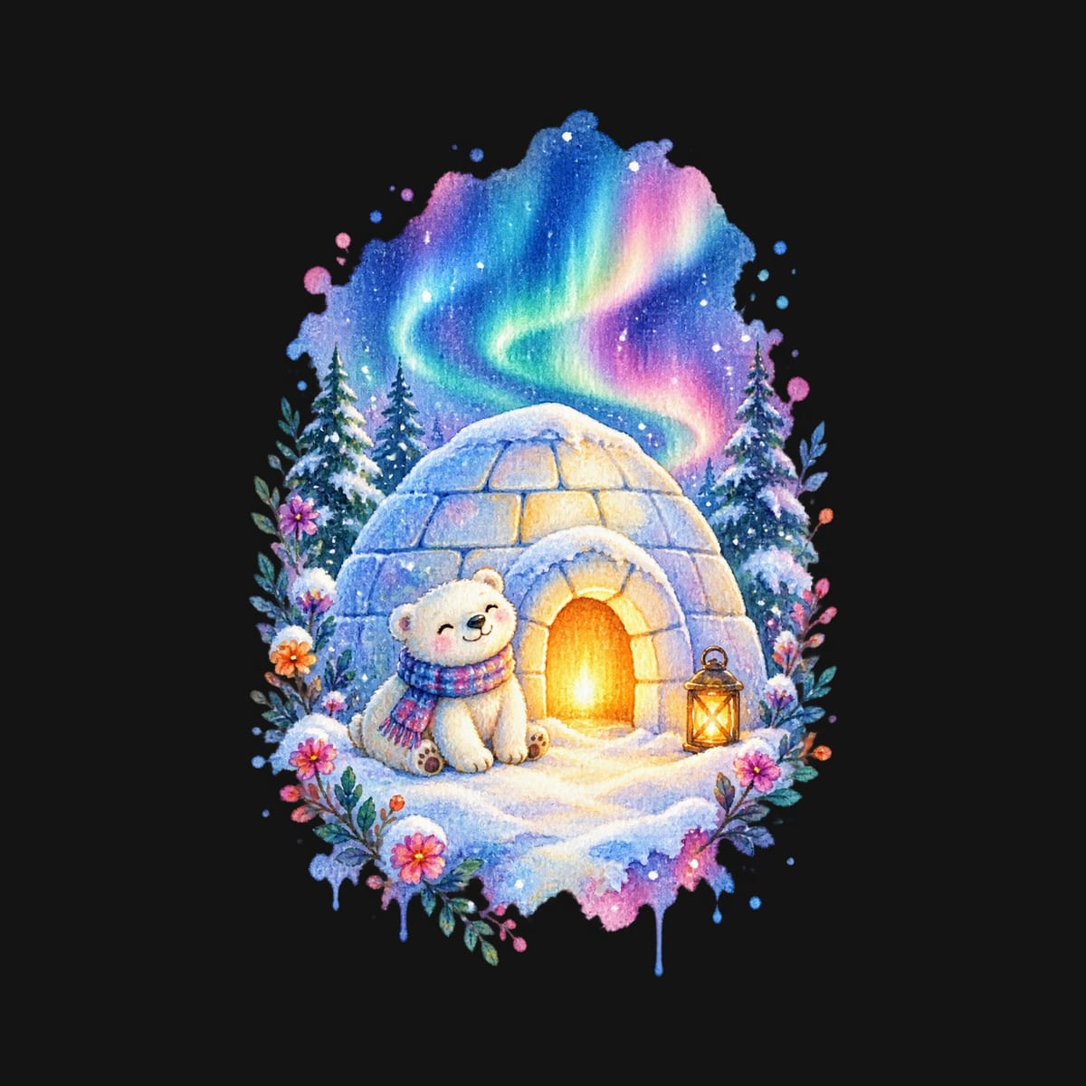 Koszulka z igloo akwarela dla dziewczynki czarna delikatna akwarela, zdjęcie 2