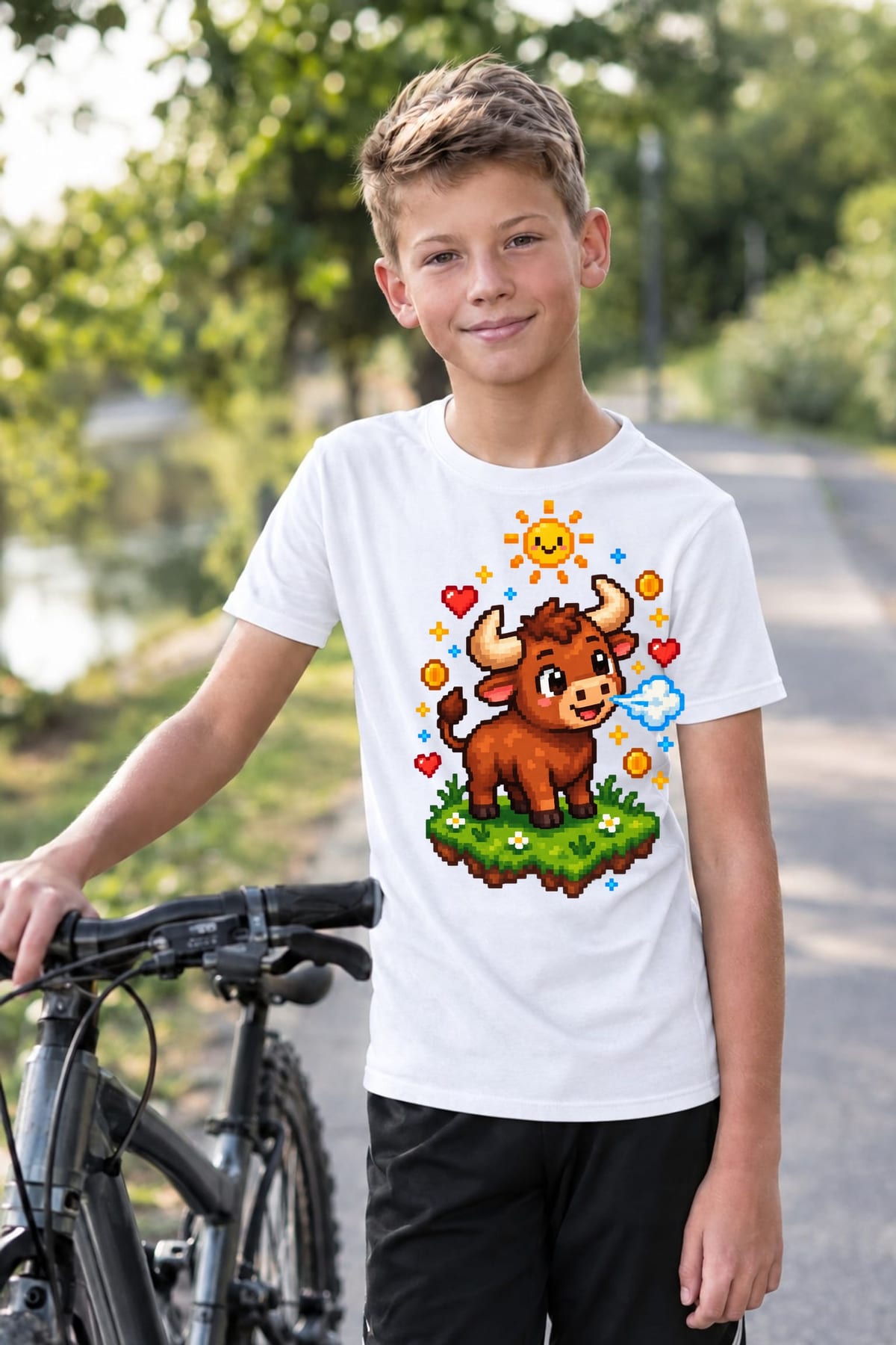 Koszulka dziecięca z bykiem dla chłopca biała pixel art, zdjęcie 3
