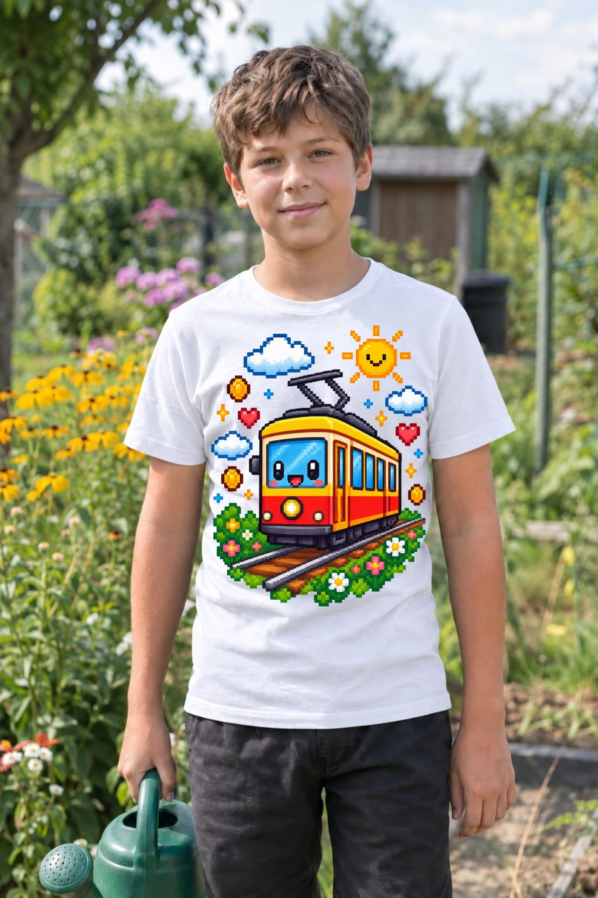 Koszulka z tramwajem dla chłopca biała pixel art, zdjęcie 3