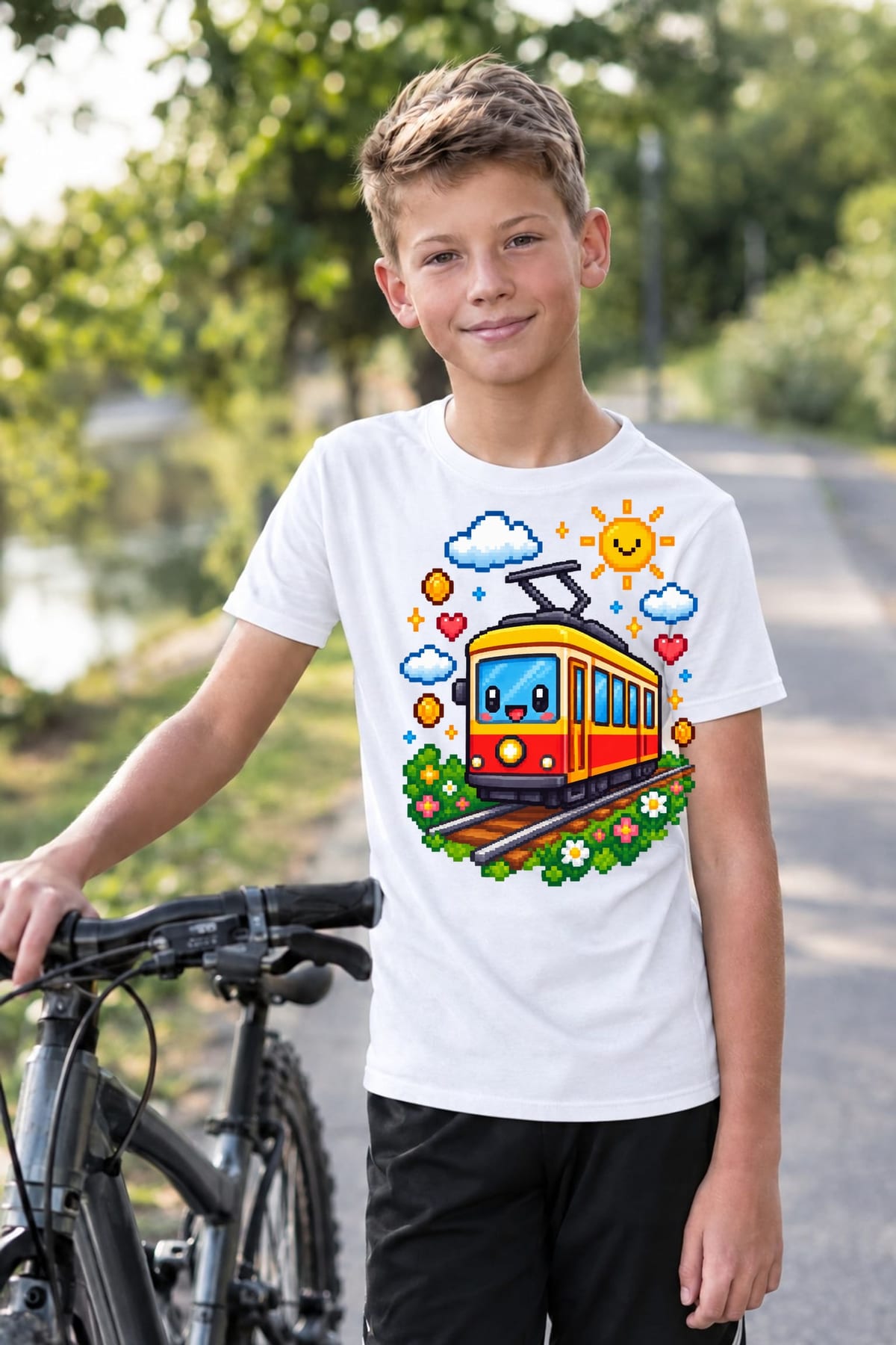 Koszulka z tramwajem dla chłopca biała pixel art, zdjęcie 7