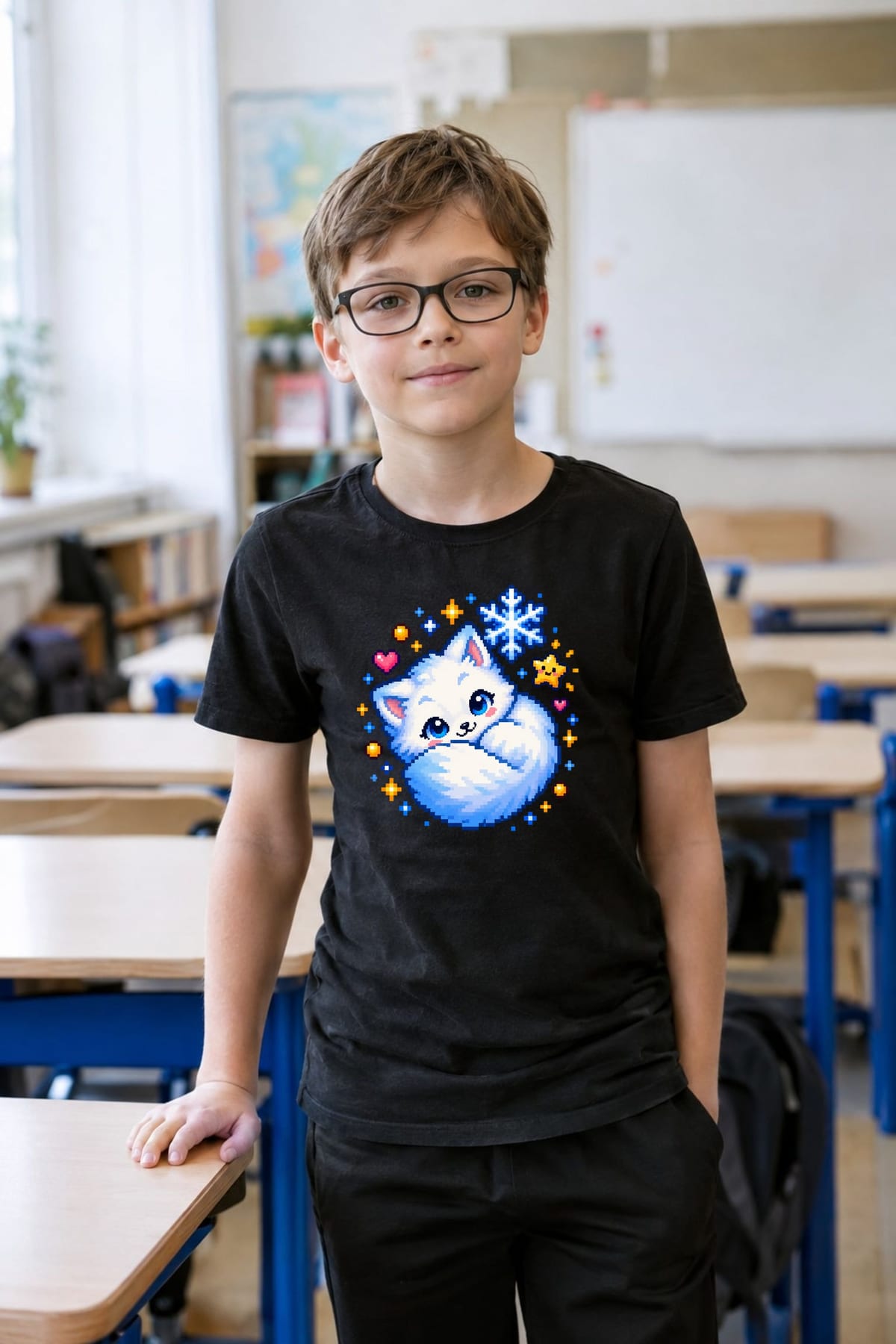 Koszulka z lisem pixel art dla chłopca czarna styl pixel art, zdjęcie 6
