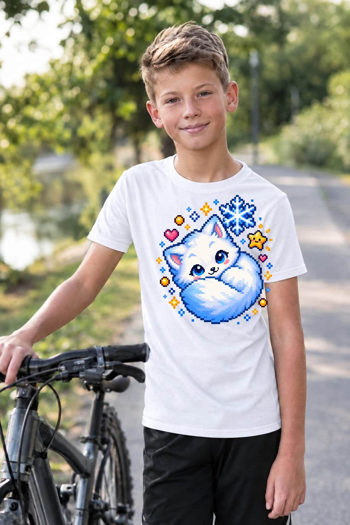 Koszulka z lisem pixel art dla chłopca biała styl pixel art, zdjęcie 6