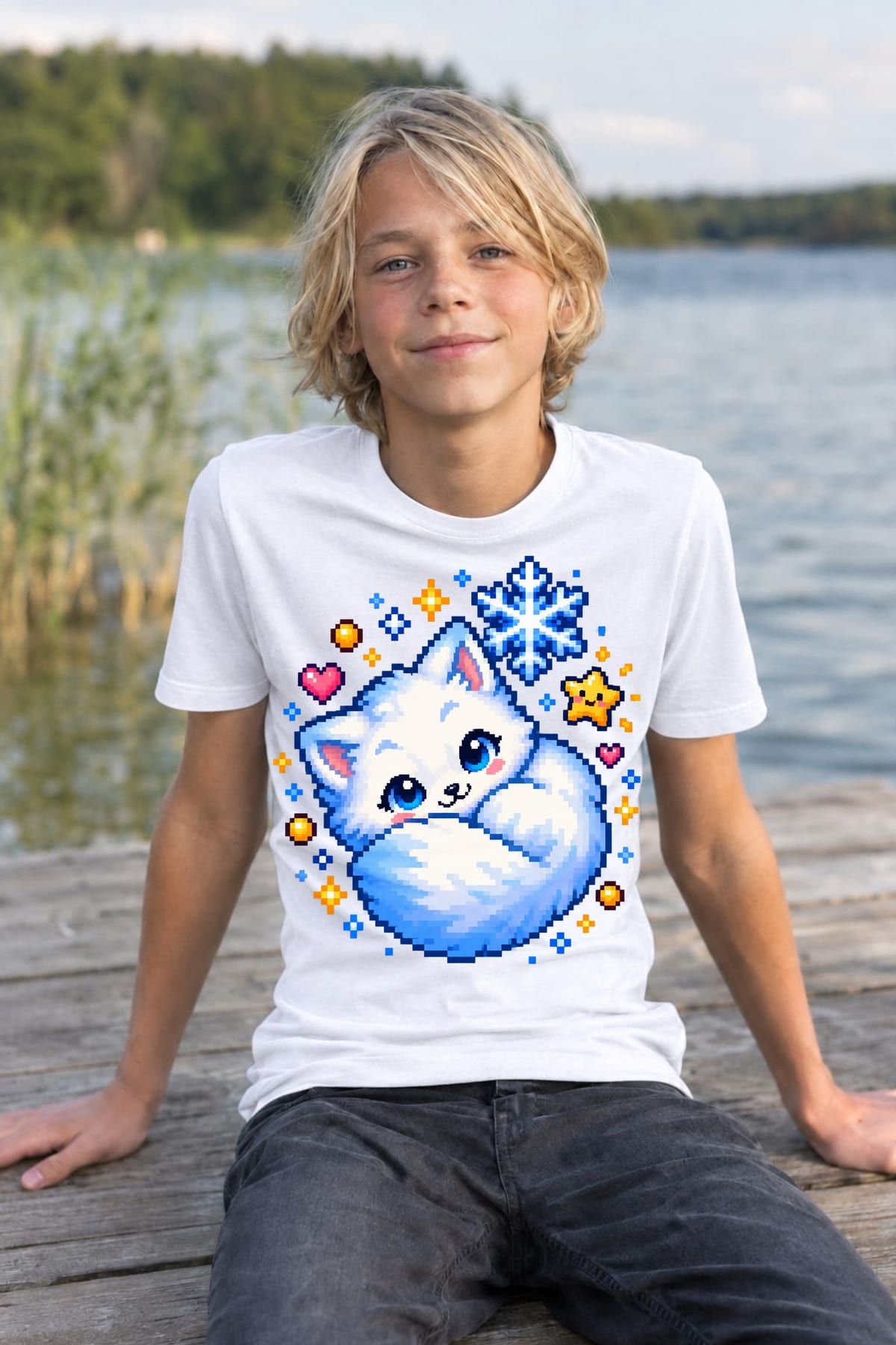 Koszulka z lisem pixel art dla chłopca biała styl pixel art, zdjęcie 7