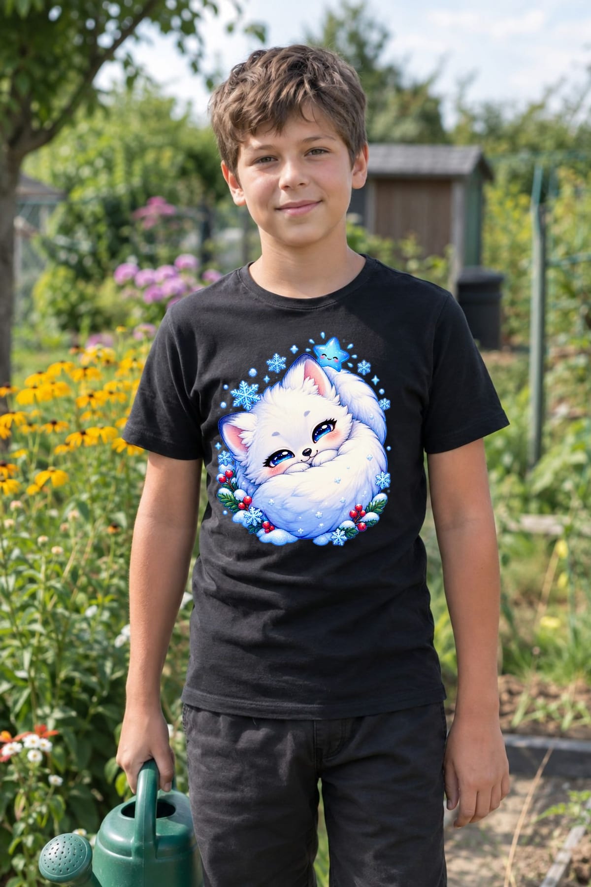 Koszulka z lisem polarnym dla chłopca czarna słodki kawaii, zdjęcie 4