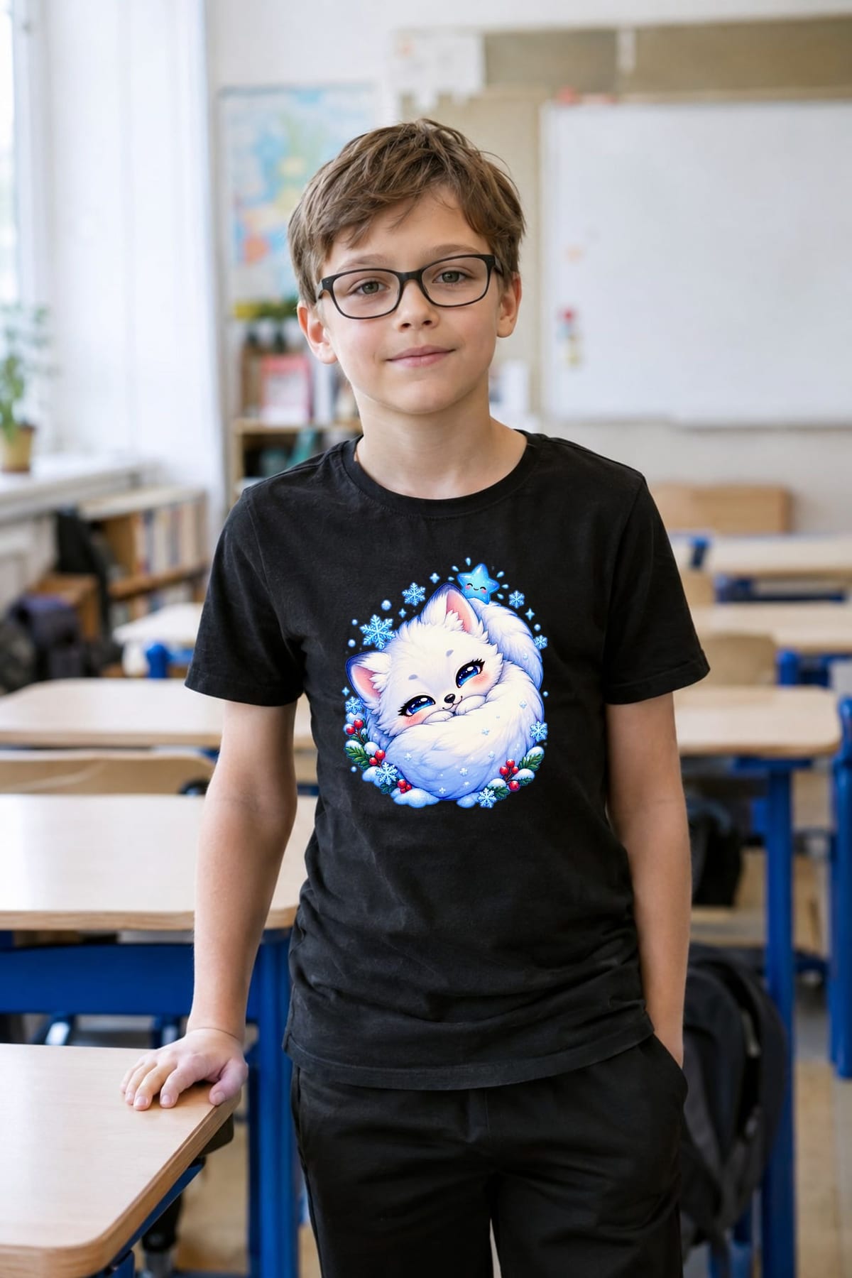 Koszulka z lisem polarnym dla chłopca czarna słodki kawaii, zdjęcie 8
