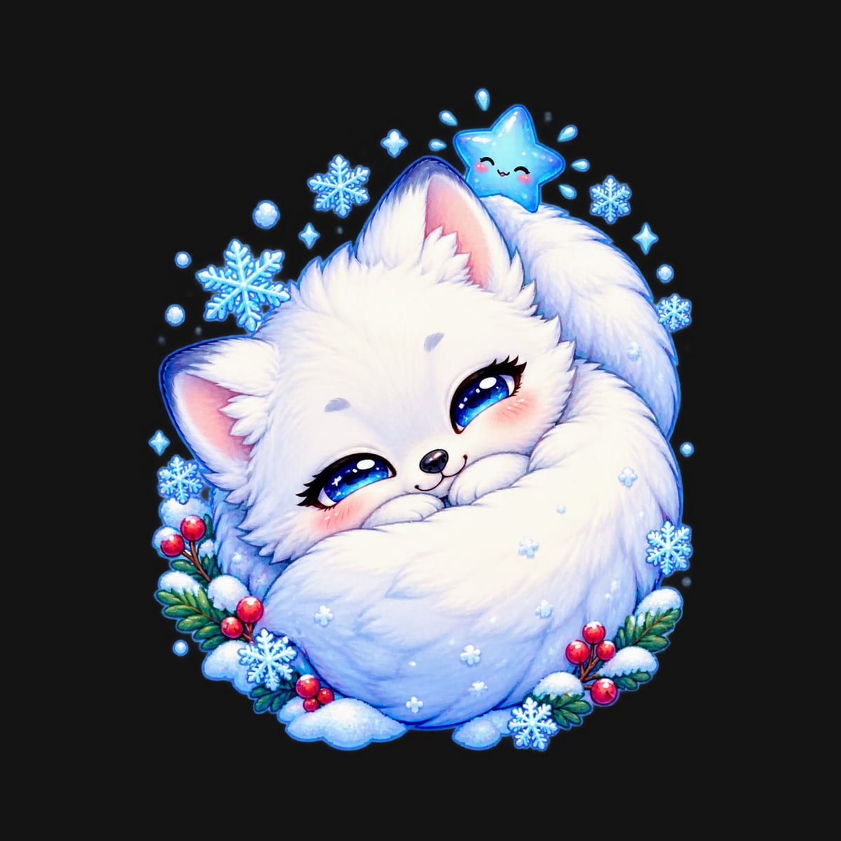 Koszulka z lisem polarnym dla dziewczynki czarna słodki kawaii, zdjęcie 2