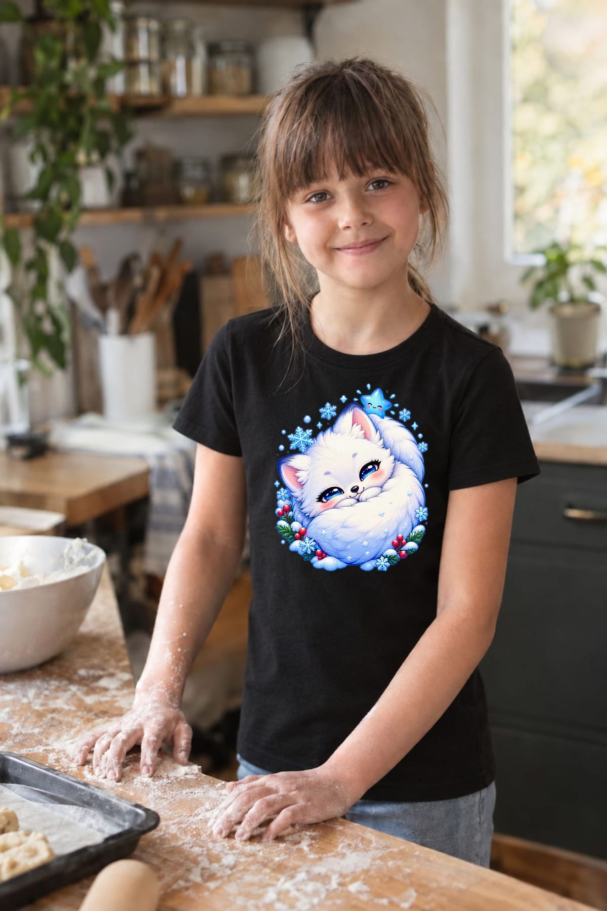 Koszulka z lisem polarnym dla dziewczynki czarna słodki kawaii, zdjęcie 7