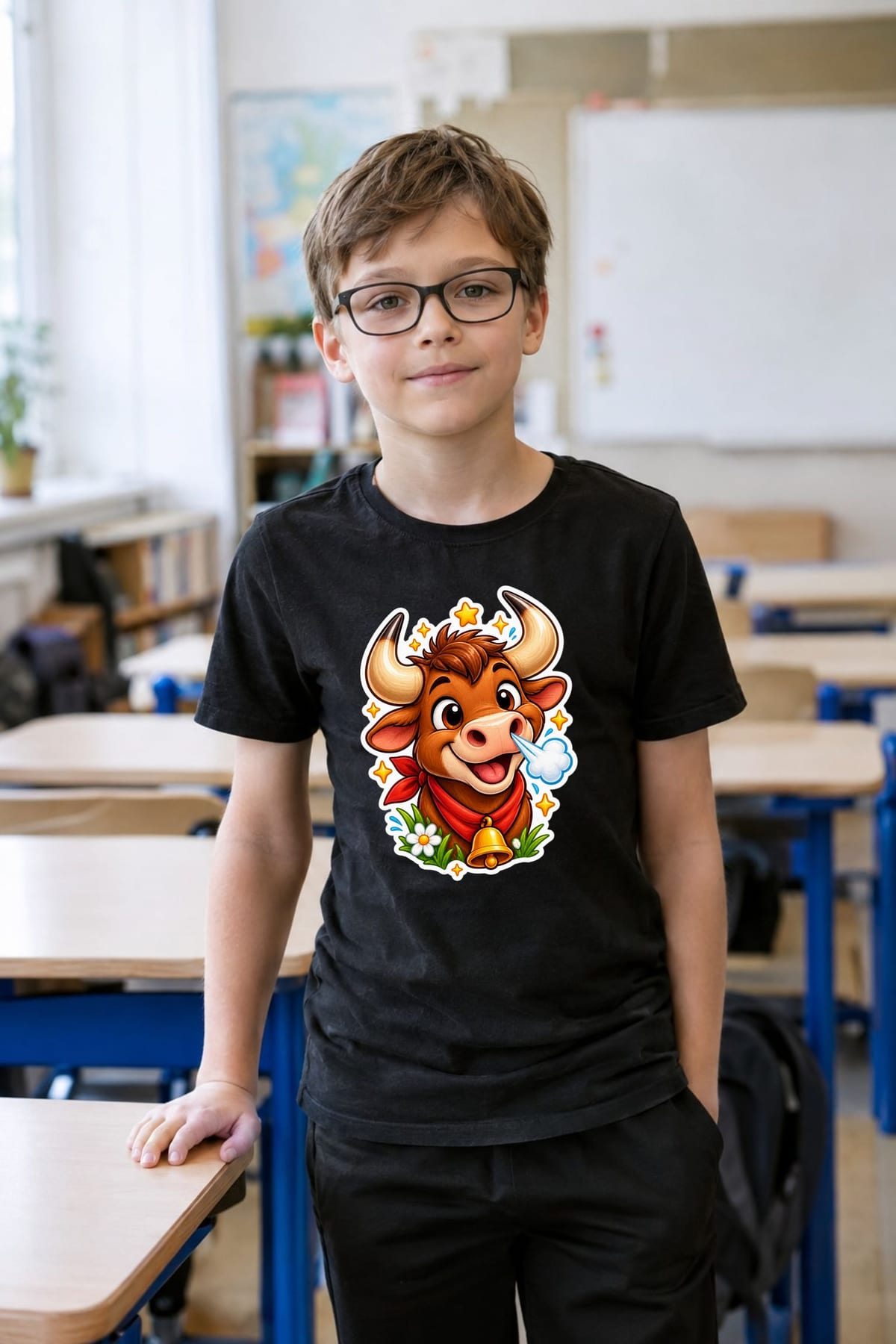 Koszulka dla chłopca z bykiem czarna gruby kontur naklejki, zdjęcie 7