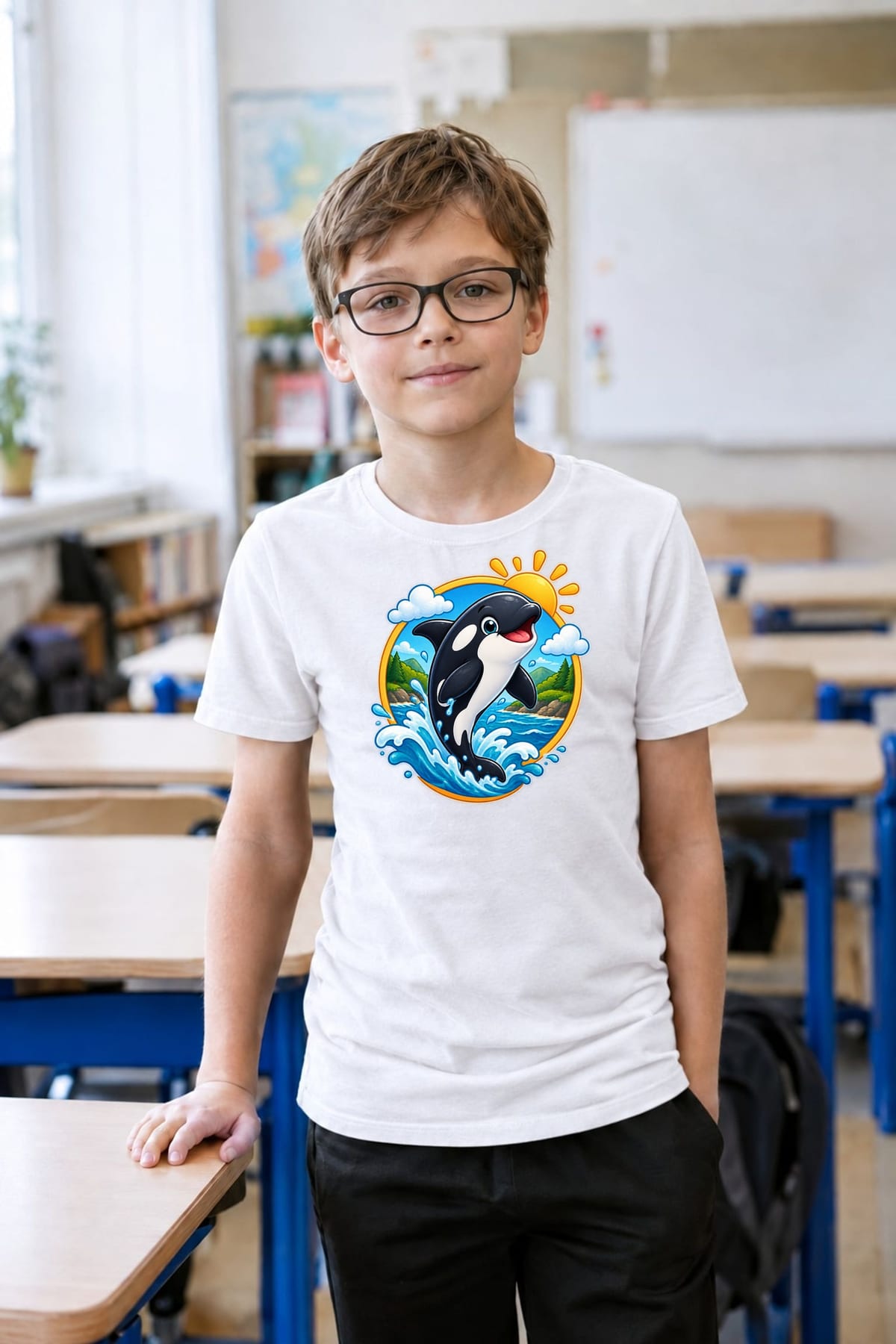 Koszulka z orką w kole dla chłopca biała okrągła odznaka, zdjęcie 3