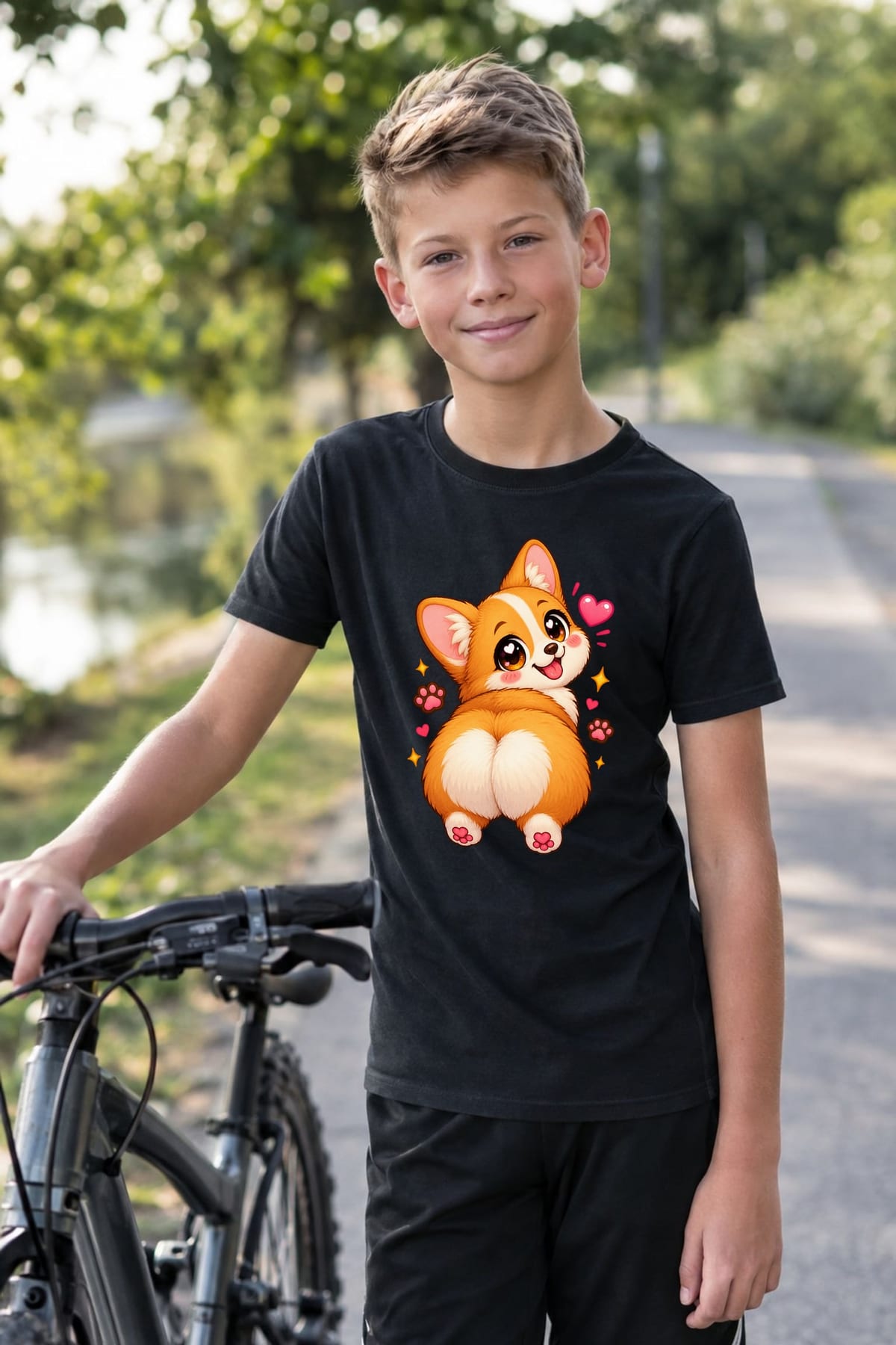 Koszulka dziecięca z corgi dla chłopca czarna słodki styl kawaii, zdjęcie 3