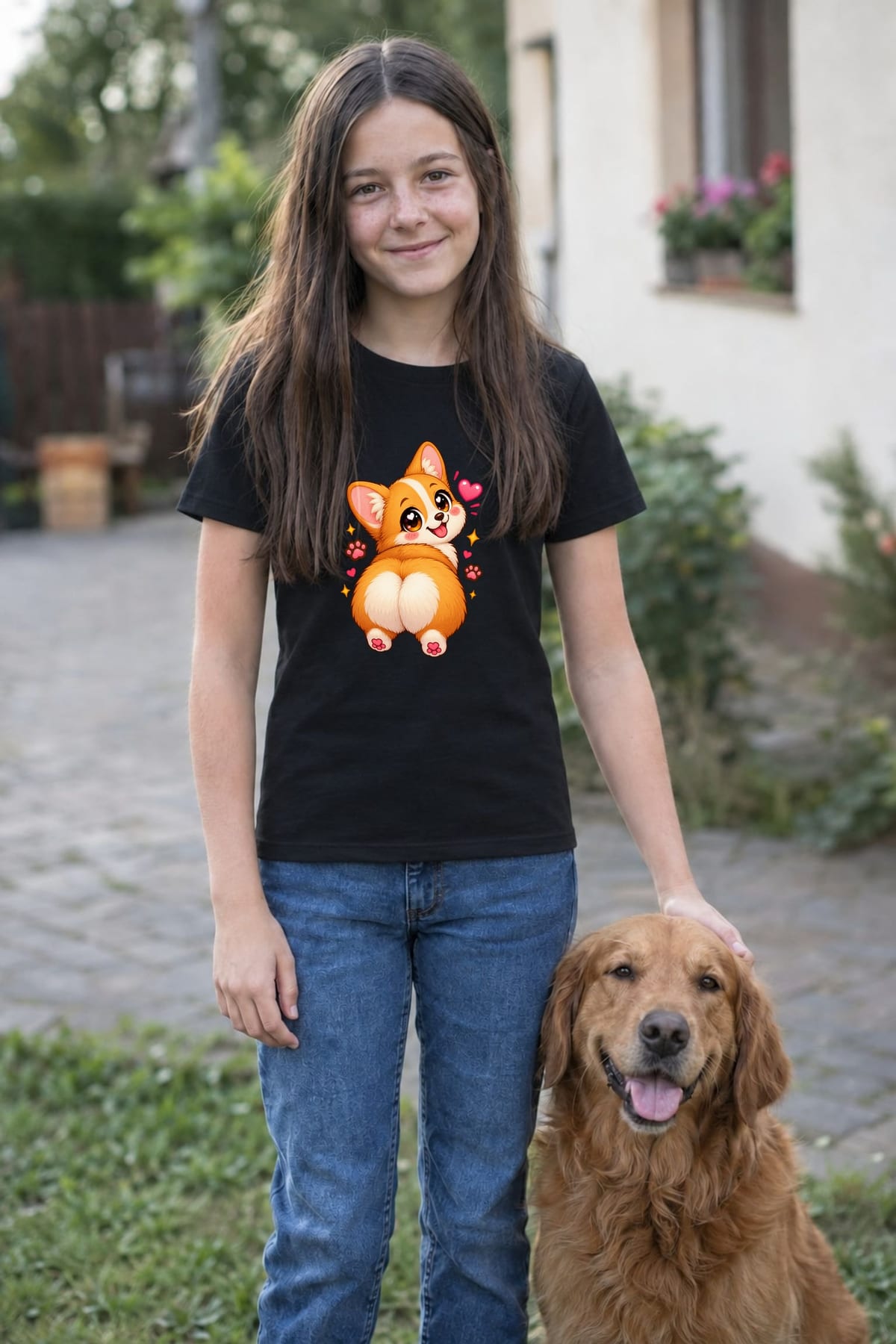 Koszulka dziecięca z corgi dla dziewczynki czarna słodki styl kawaii, zdjęcie 6