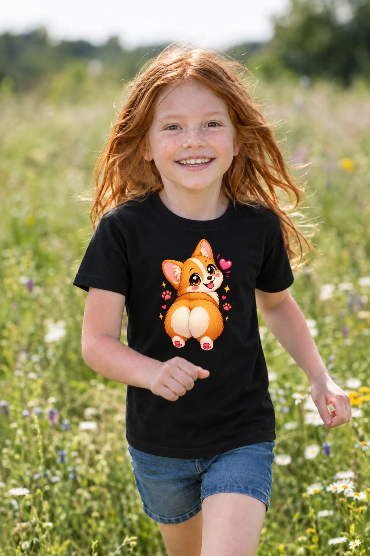 Koszulka dziecięca z corgi dla dziewczynki czarna słodki styl kawaii, zdjęcie 7