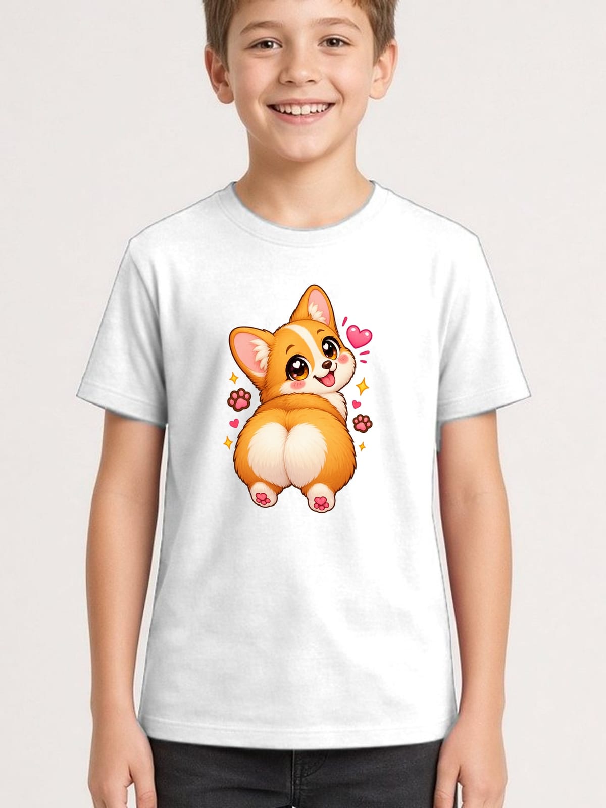 Koszulka dziecięca z corgi dla chłopca biała słodki styl kawaii, zdjęcie 1