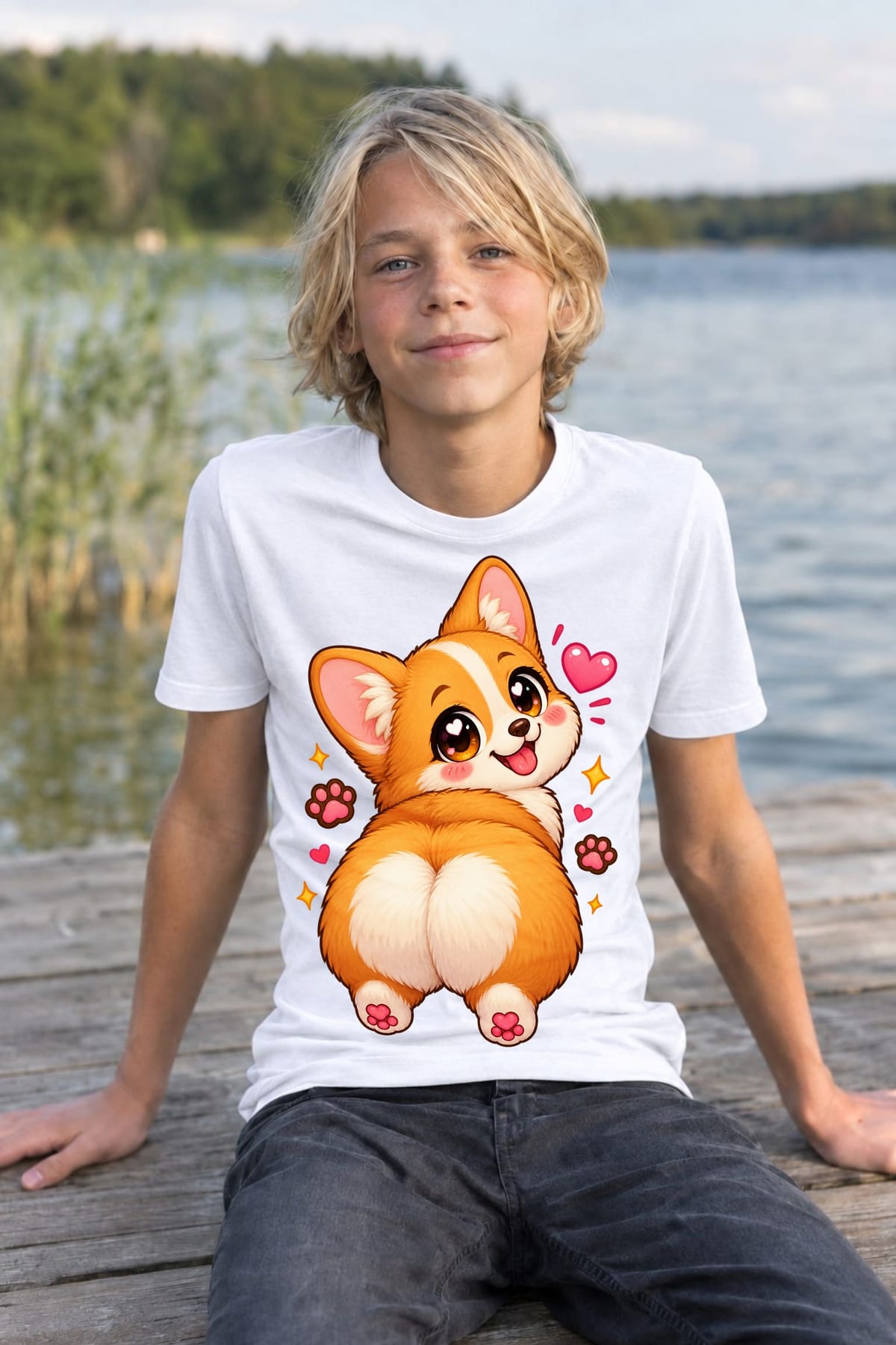 Koszulka dziecięca z corgi dla chłopca biała słodki styl kawaii, zdjęcie 6