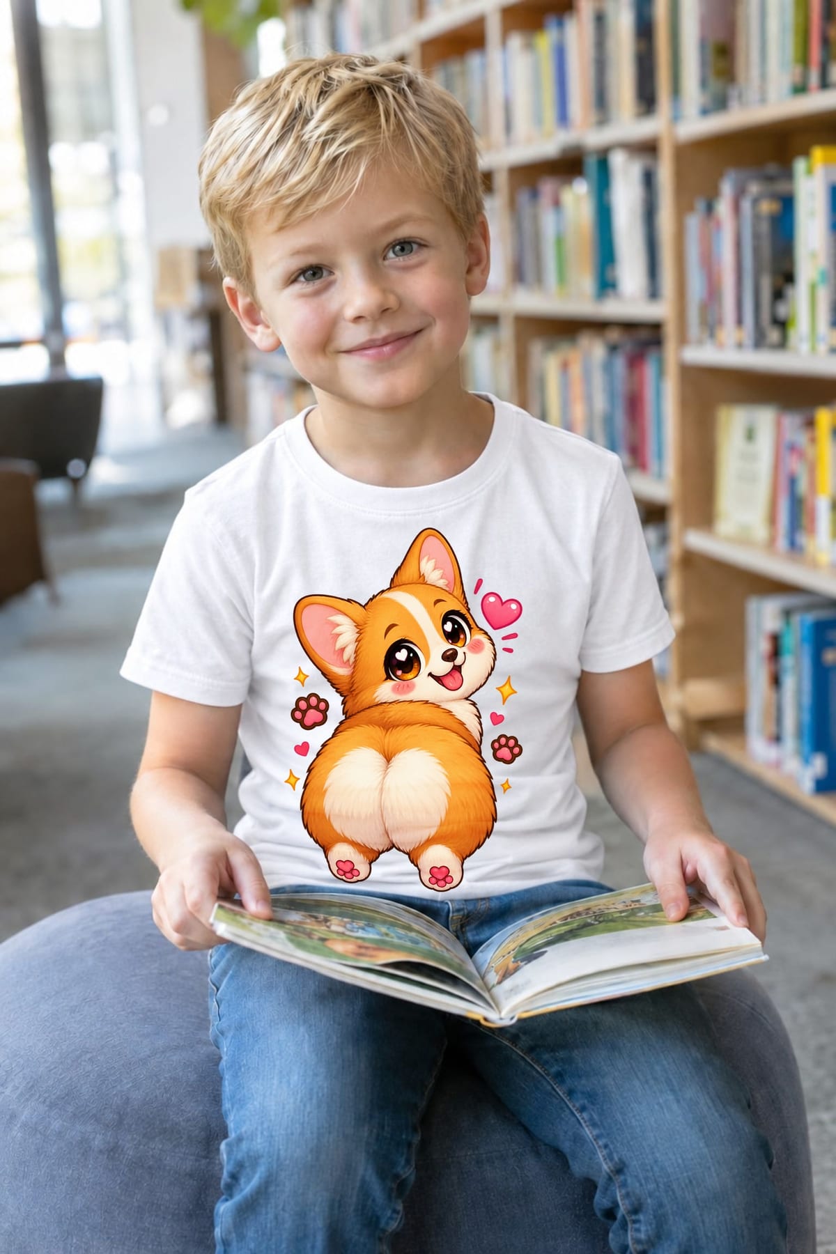 Koszulka dziecięca z corgi dla chłopca biała słodki styl kawaii, zdjęcie 7
