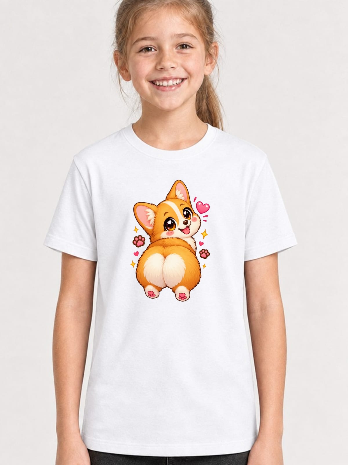 Koszulka dziecięca z corgi dla dziewczynki biała słodki styl kawaii
