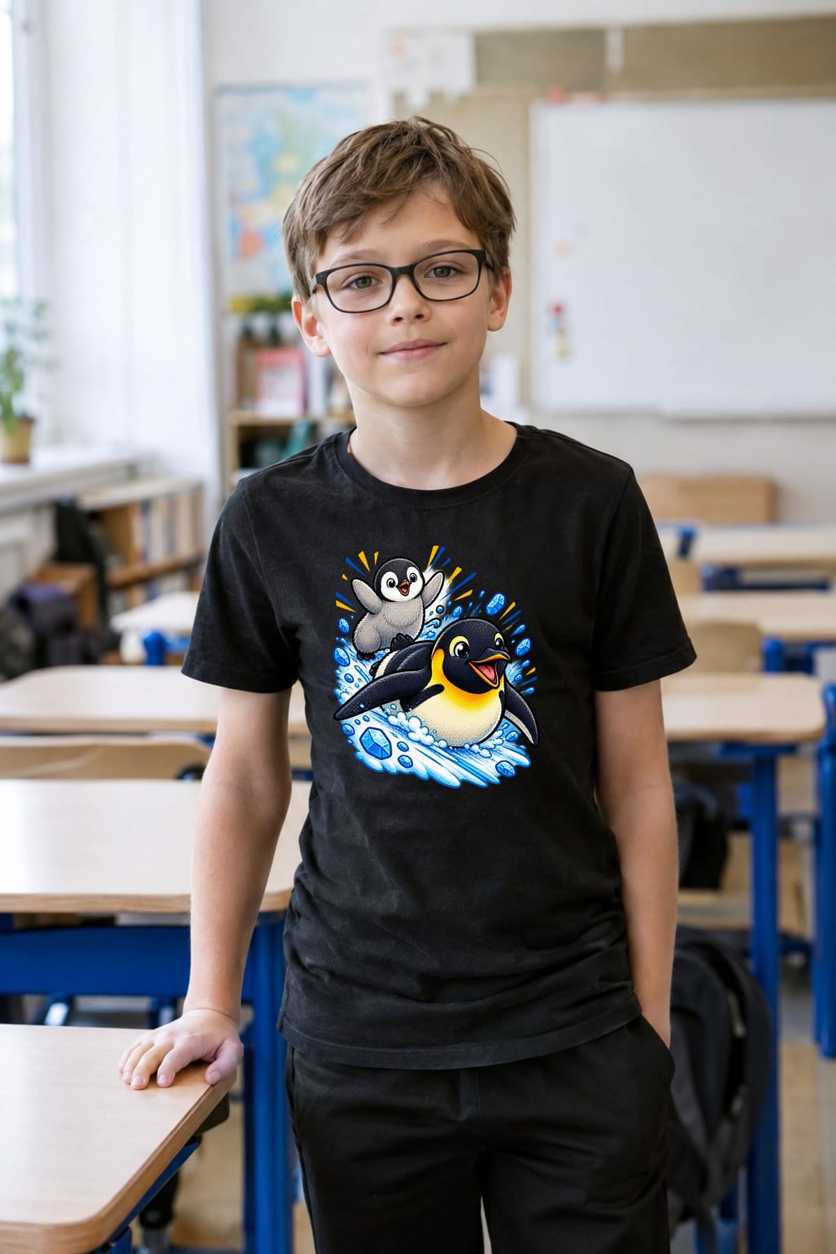 Koszulka z pingwinem cesarskim dla chłopca czarna komiksowa scena, zdjęcie 7