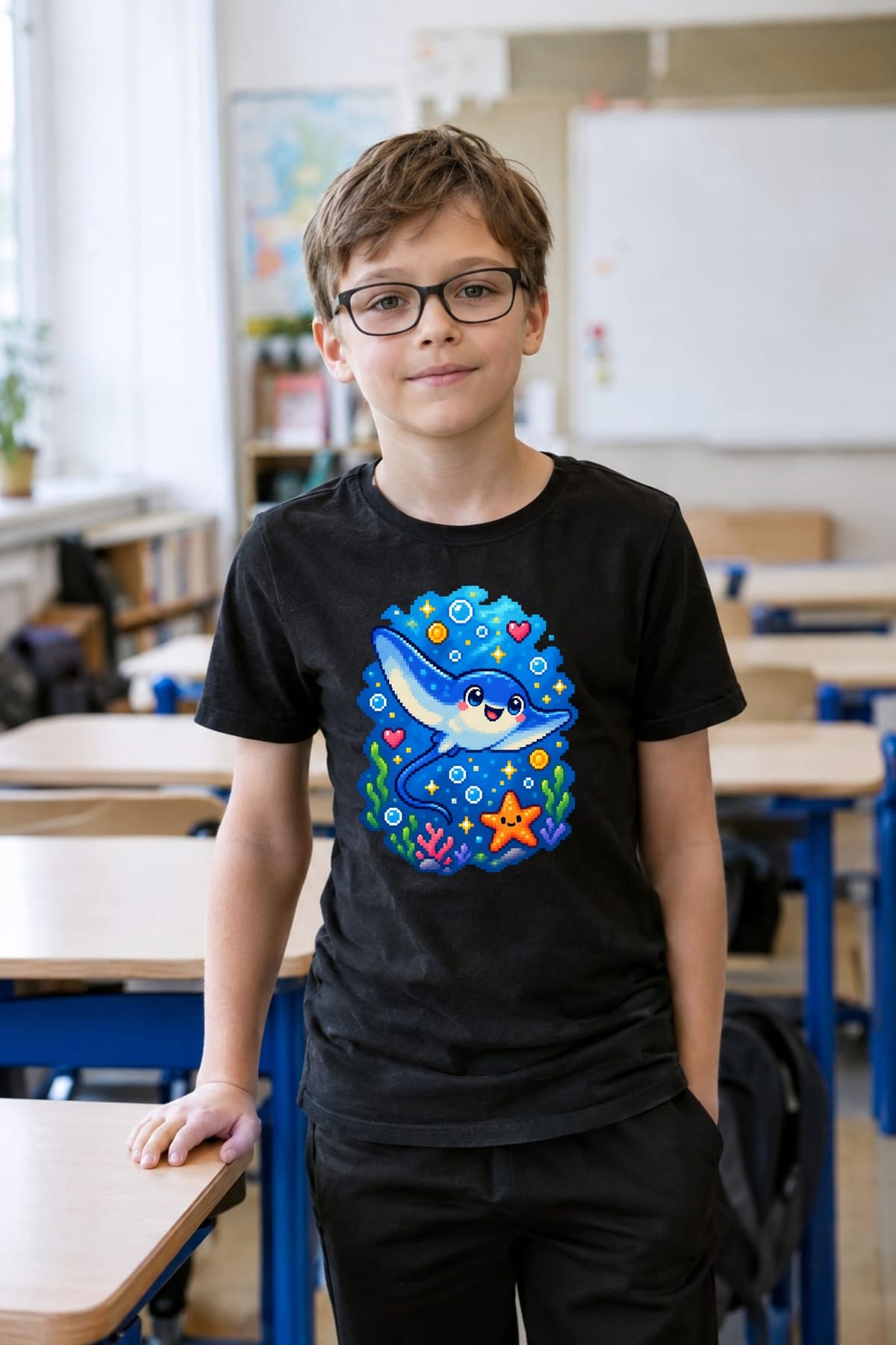 Koszulka z płaszczką pixel art dla chłopca czarna dla dzieci, zdjęcie 7