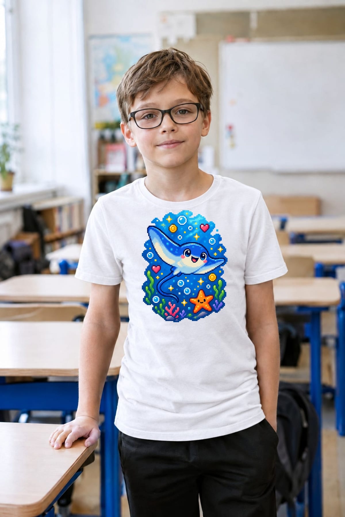 Koszulka z płaszczką pixel art dla chłopca biała dla dzieci, zdjęcie 8