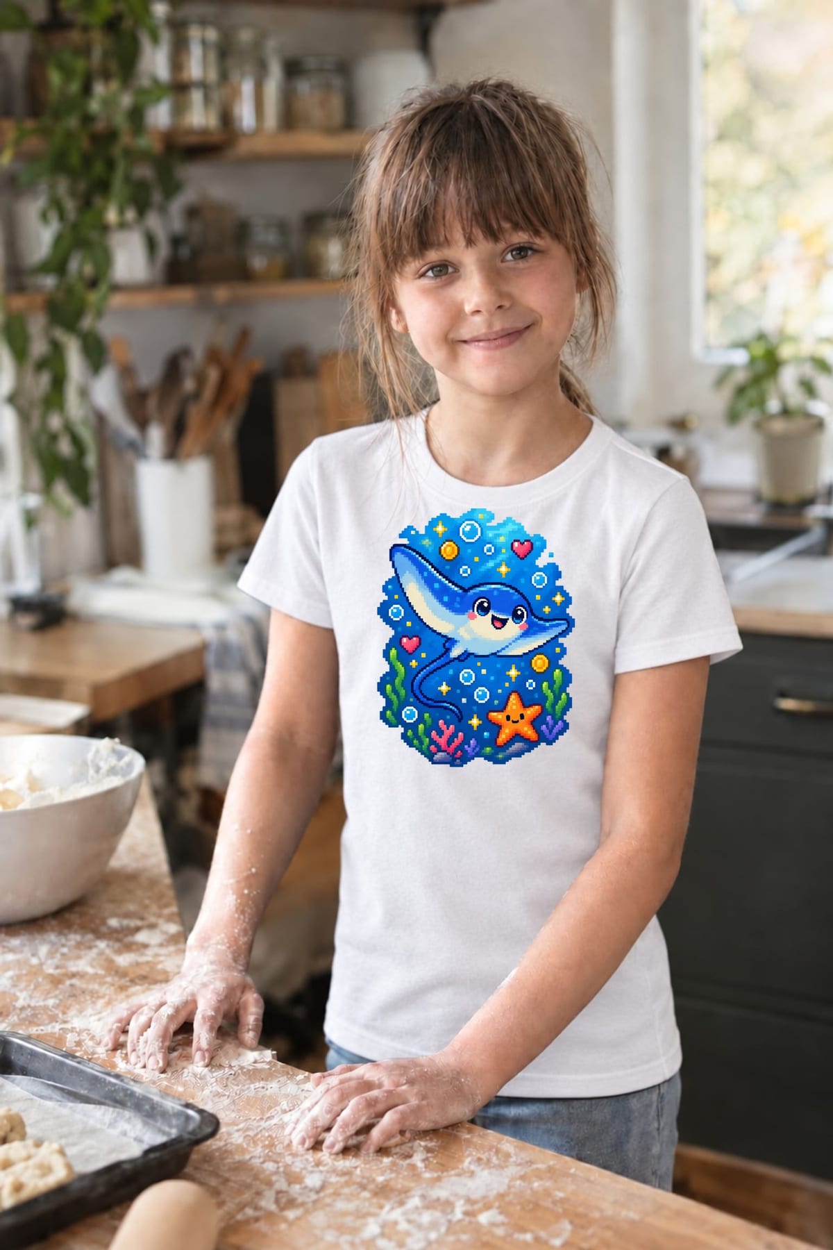 Koszulka z płaszczką pixel art dla dziewczynki biała, zdjęcie 7