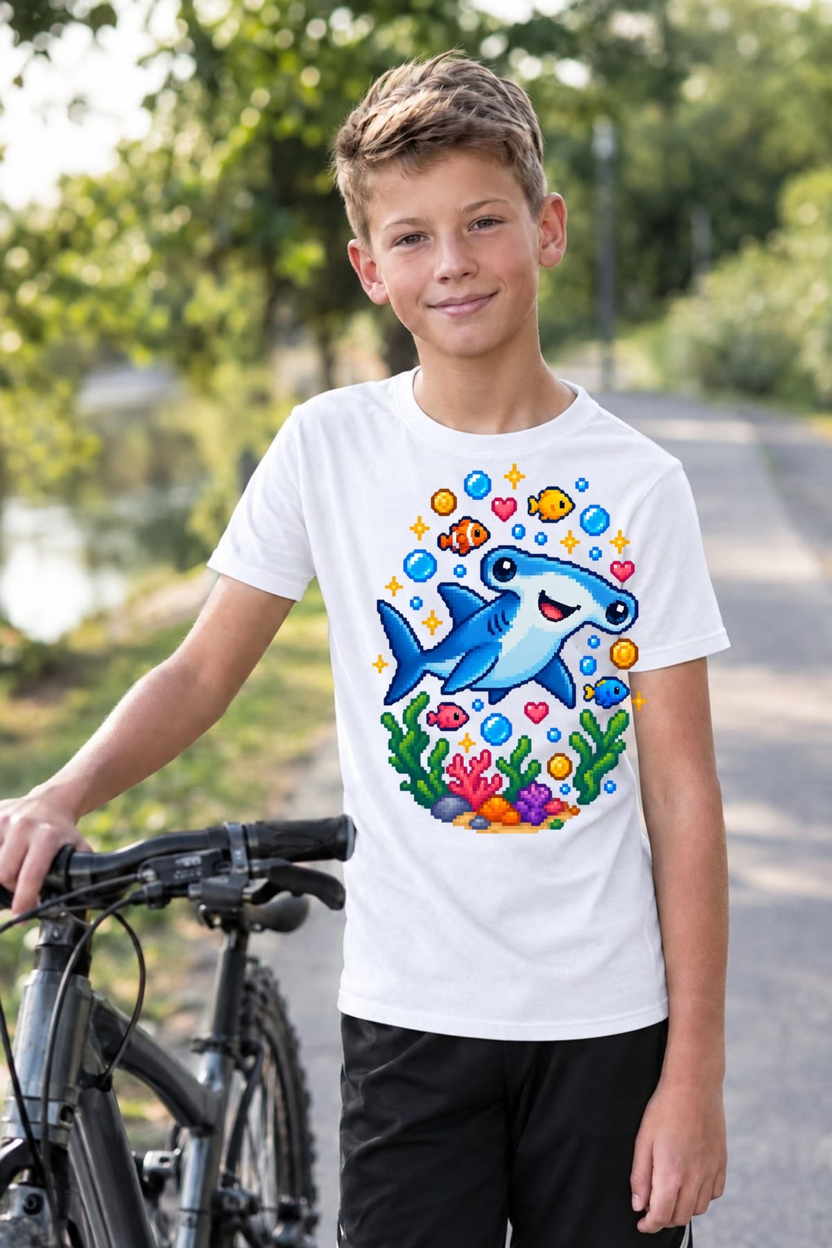 Koszulka z rekinem młotem pixel art dla chłopca biała styl gier, zdjęcie 3