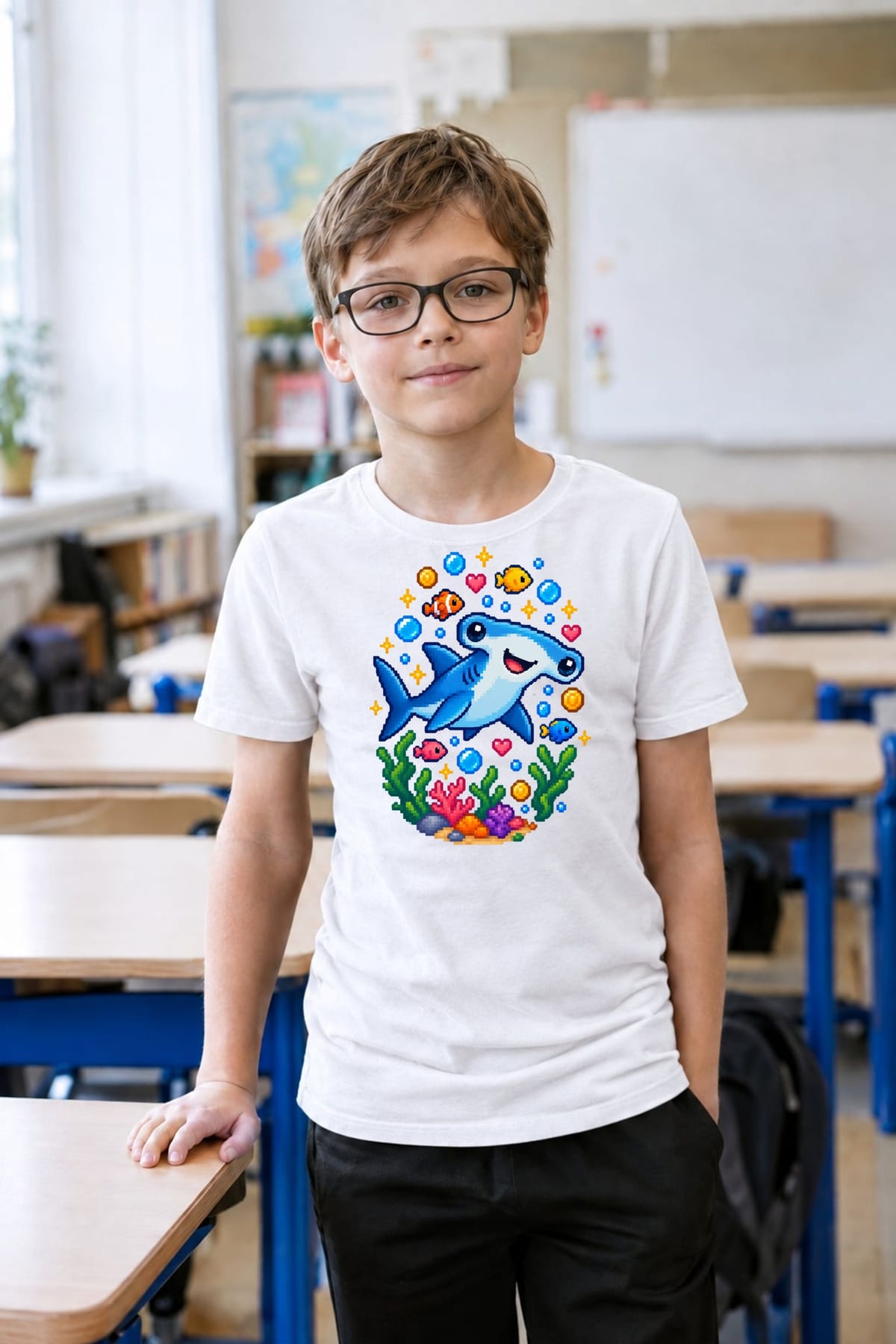 Koszulka z rekinem młotem pixel art dla chłopca biała styl gier, zdjęcie 6