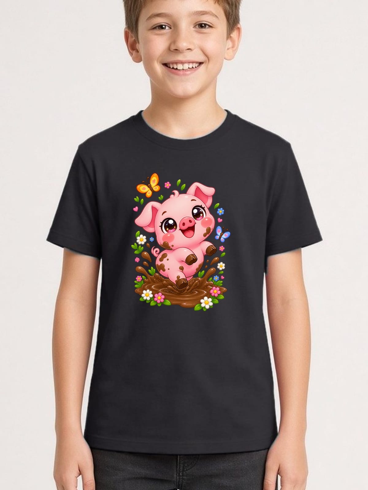 Koszulka ze świnką dla chłopca czarna słodki styl kawaii